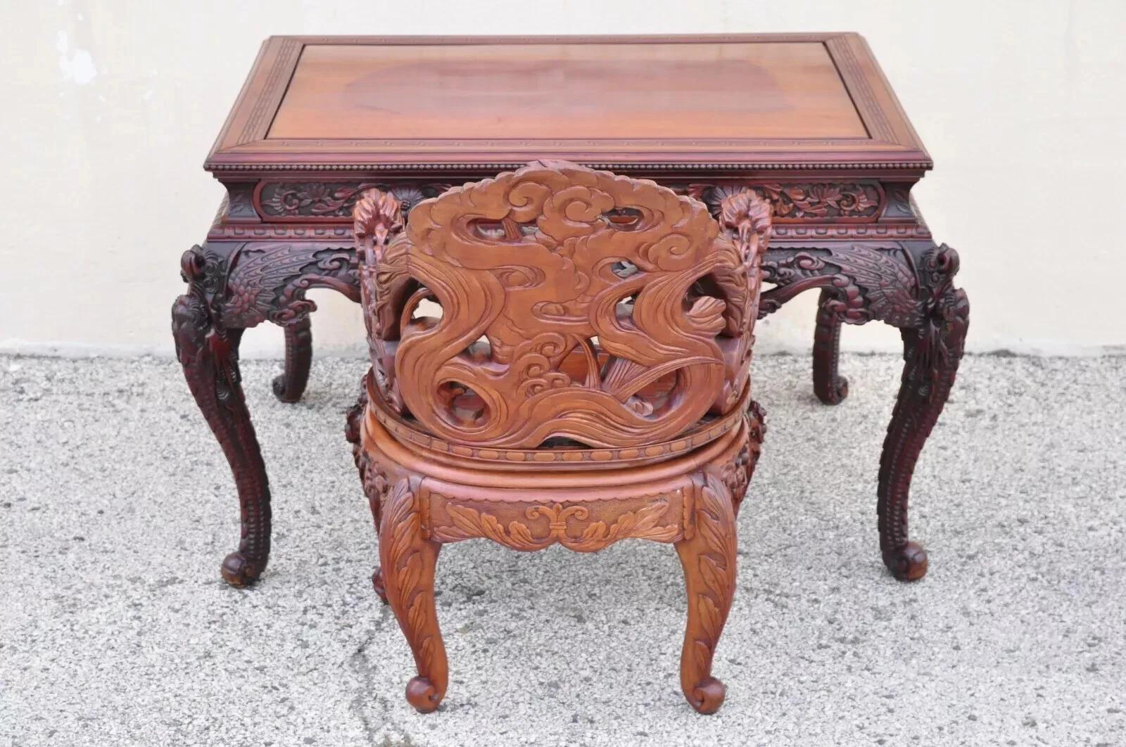 Antica scrivania giapponese Art Carved intagliata a quattro cassetti con sedia in vendita 5
