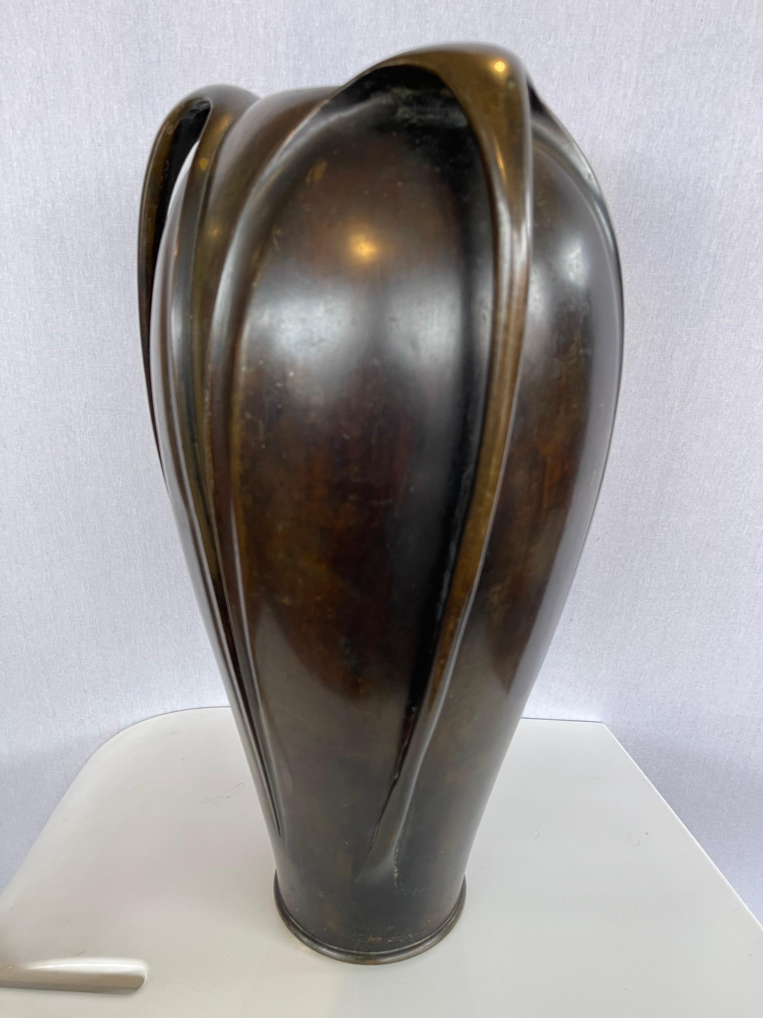 Antique Japanese Art Nouveau Patinated Bronze Tall Vase Vessel Tri-Handled In Good Condition In West Hartford, CT