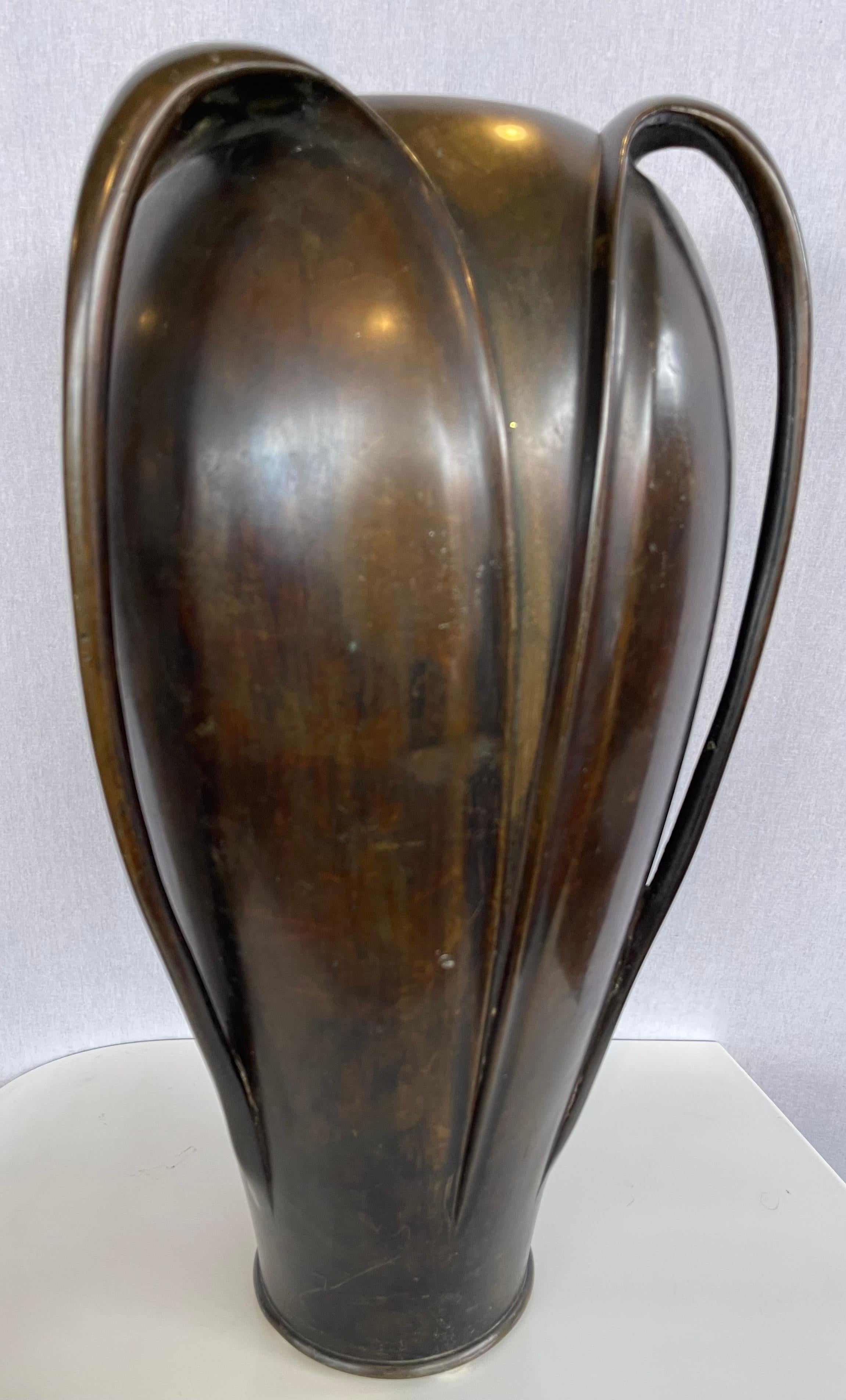20th Century Antique Japanese Art Nouveau Patinated Bronze Tall Vase Vessel Tri-Handled