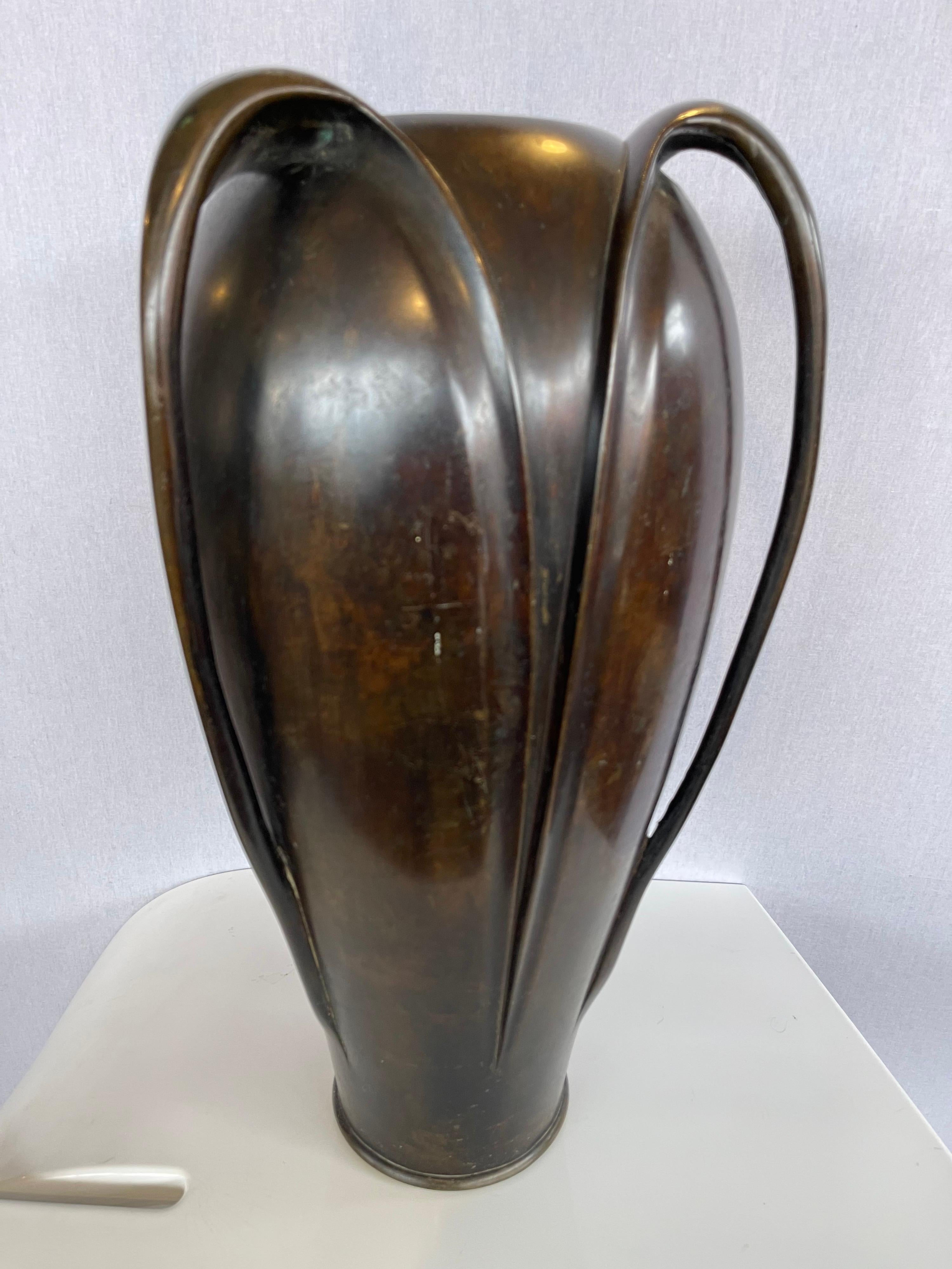 Antique Japanese Art Nouveau Patinated Bronze Tall Vase Vessel Tri-Handled 1