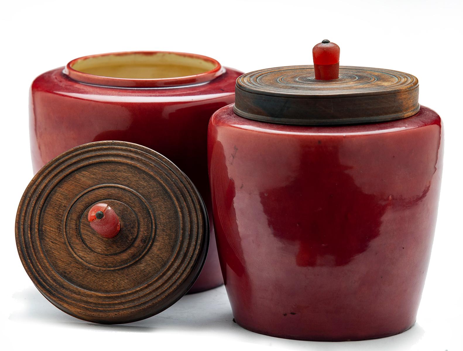 Hand-Crafted Antique Japanese Awaji Burgundy Jars For Sale