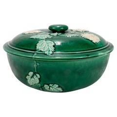 Antique Japanese Awaji Green Glazed Pottery Covered Bowl