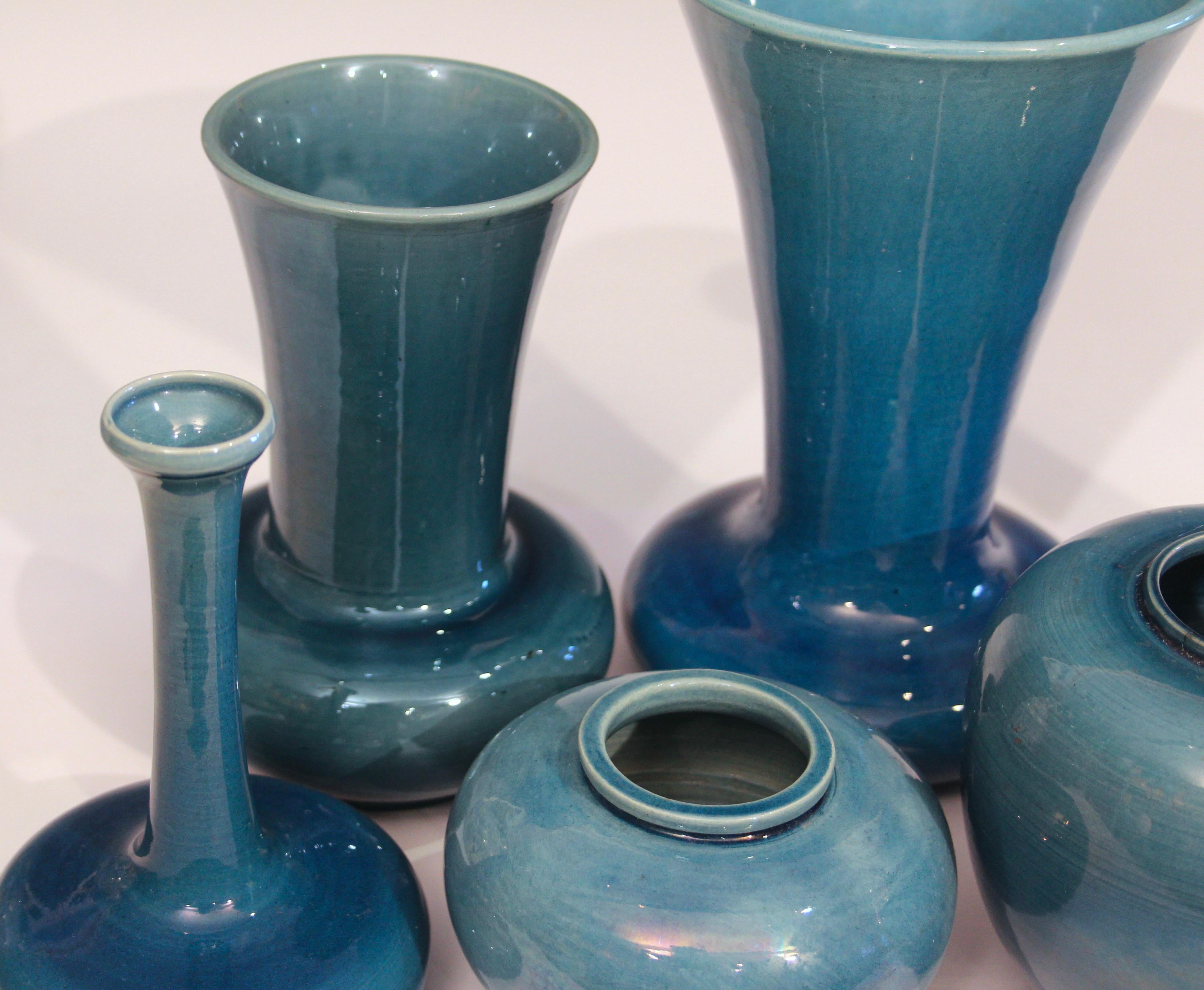 Art Deco Antique Japanese Awaji Pottery Blue Monochrome Vases, Set of 6