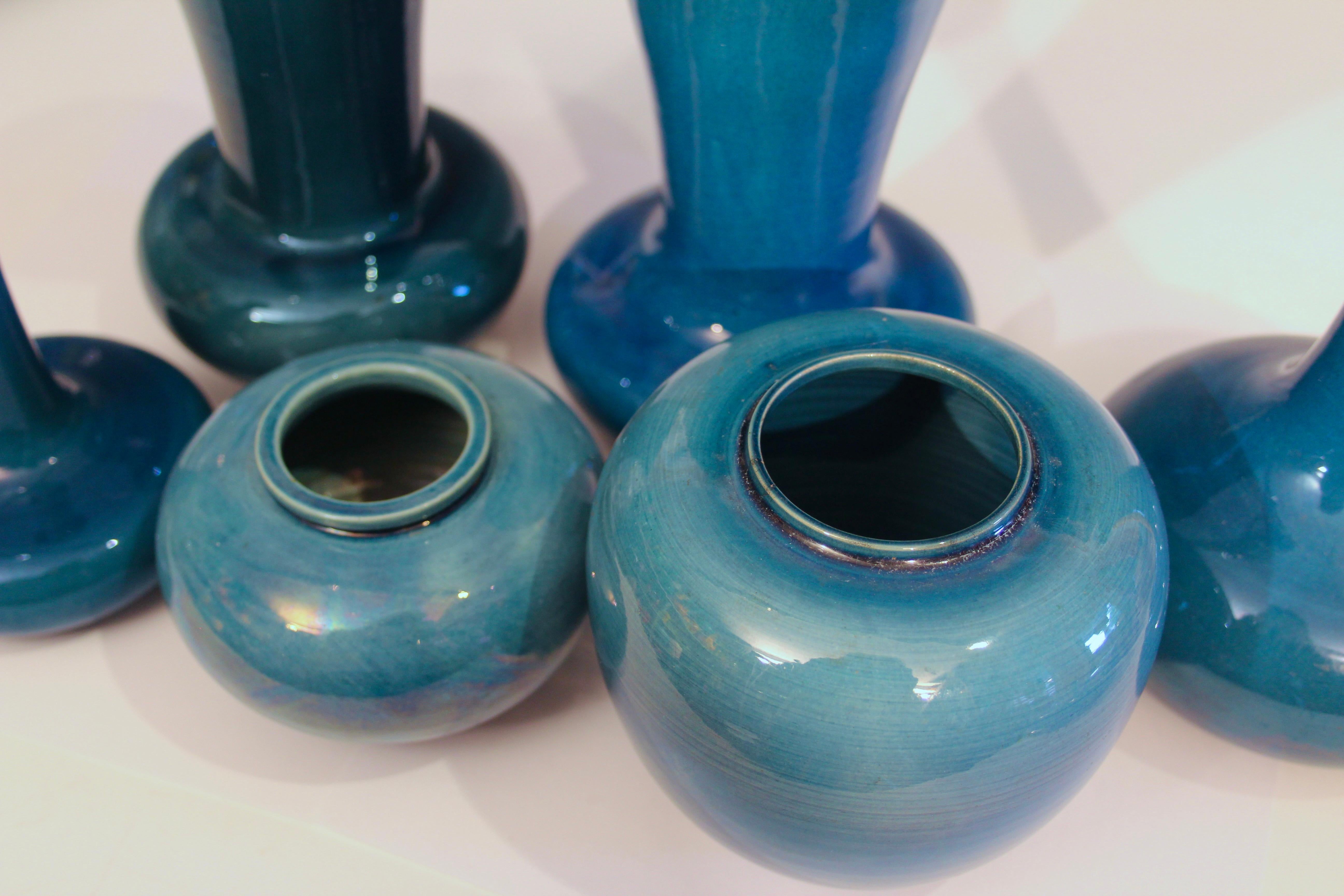 Turned Antique Japanese Awaji Pottery Blue Monochrome Vases, Set of 6