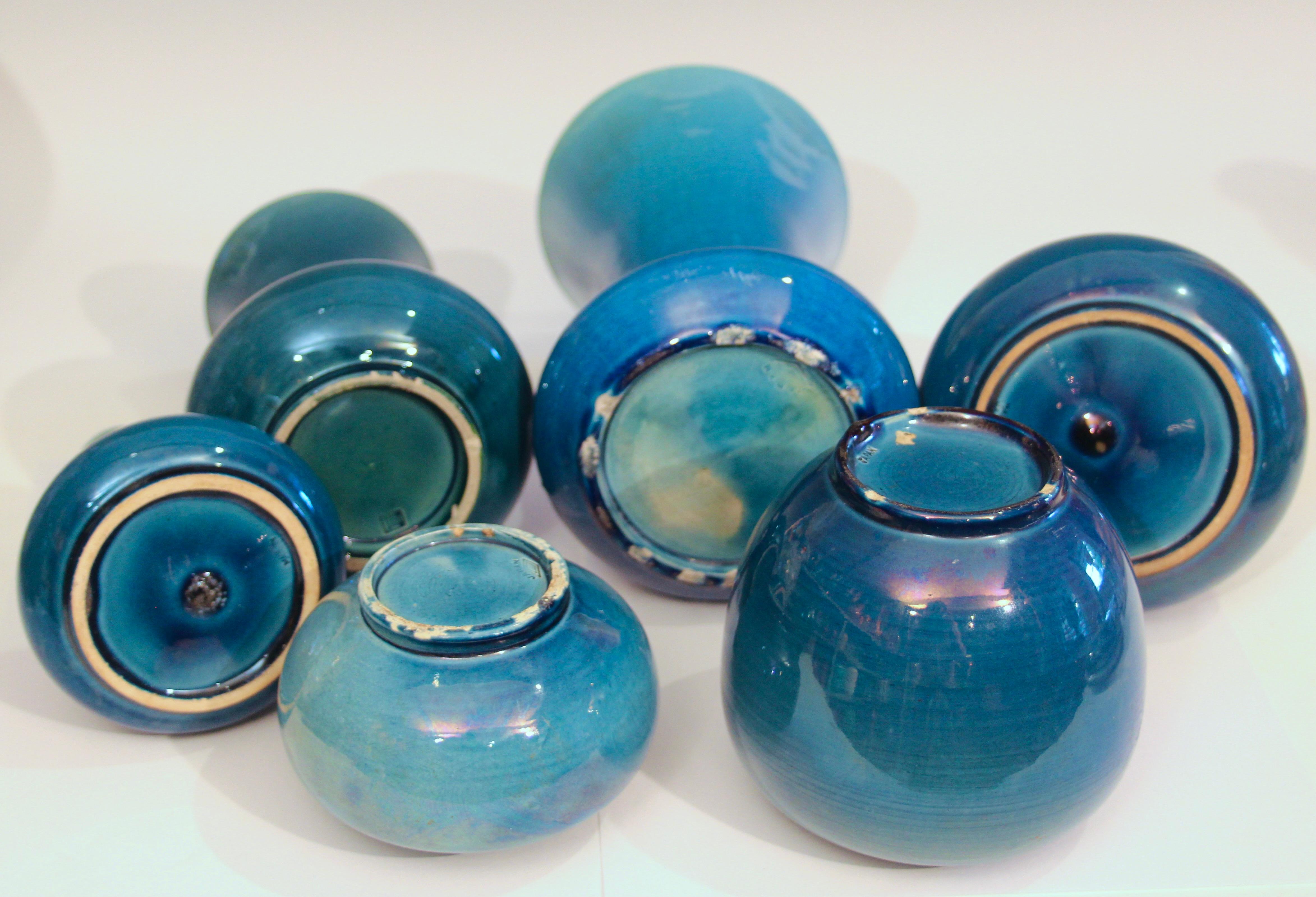 Antique Japanese Awaji Pottery Blue Monochrome Vases, Set of 6 In Good Condition In Wilton, CT