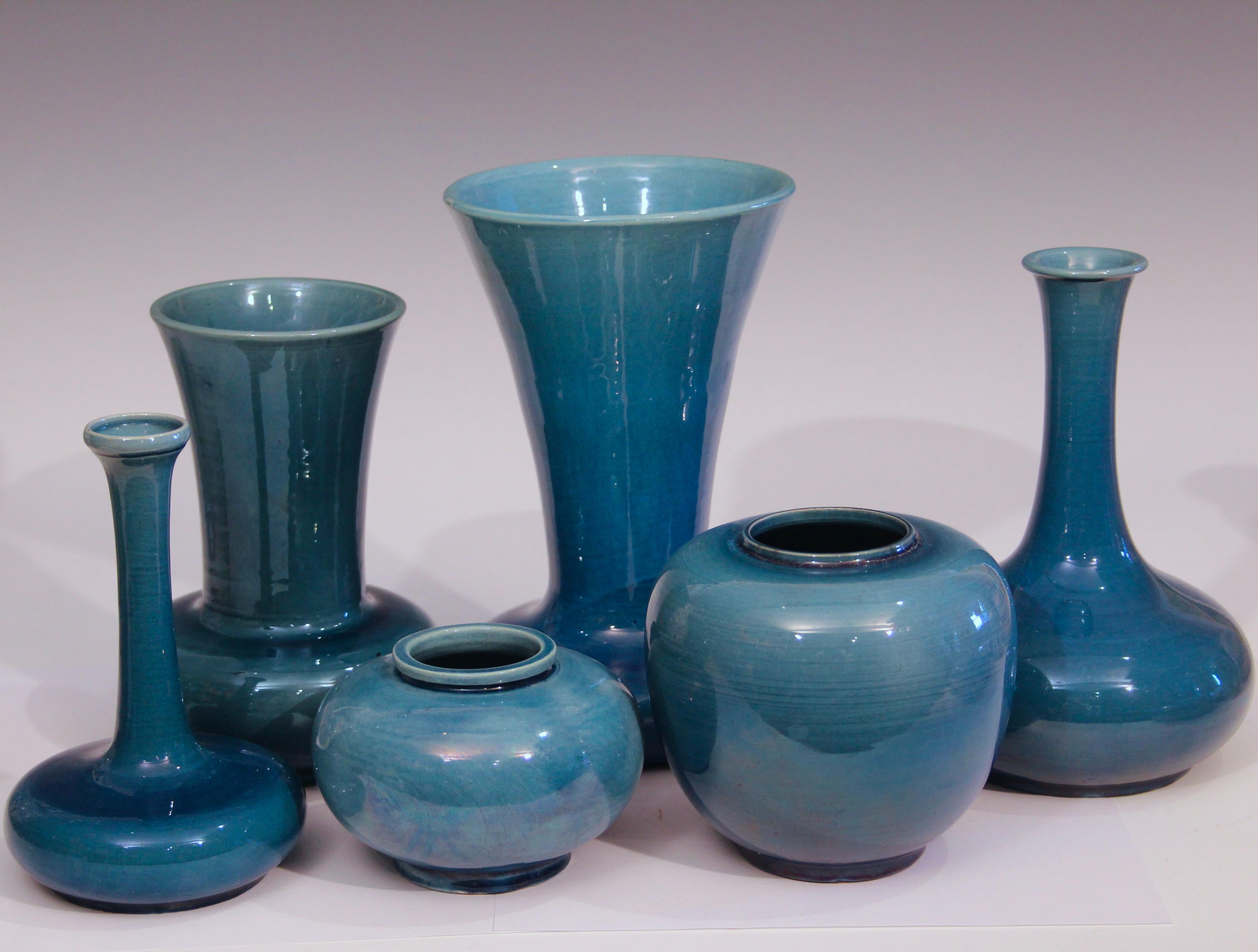 Antique Japanese Awaji Pottery Blue Monochrome Vases, Set of 6 1