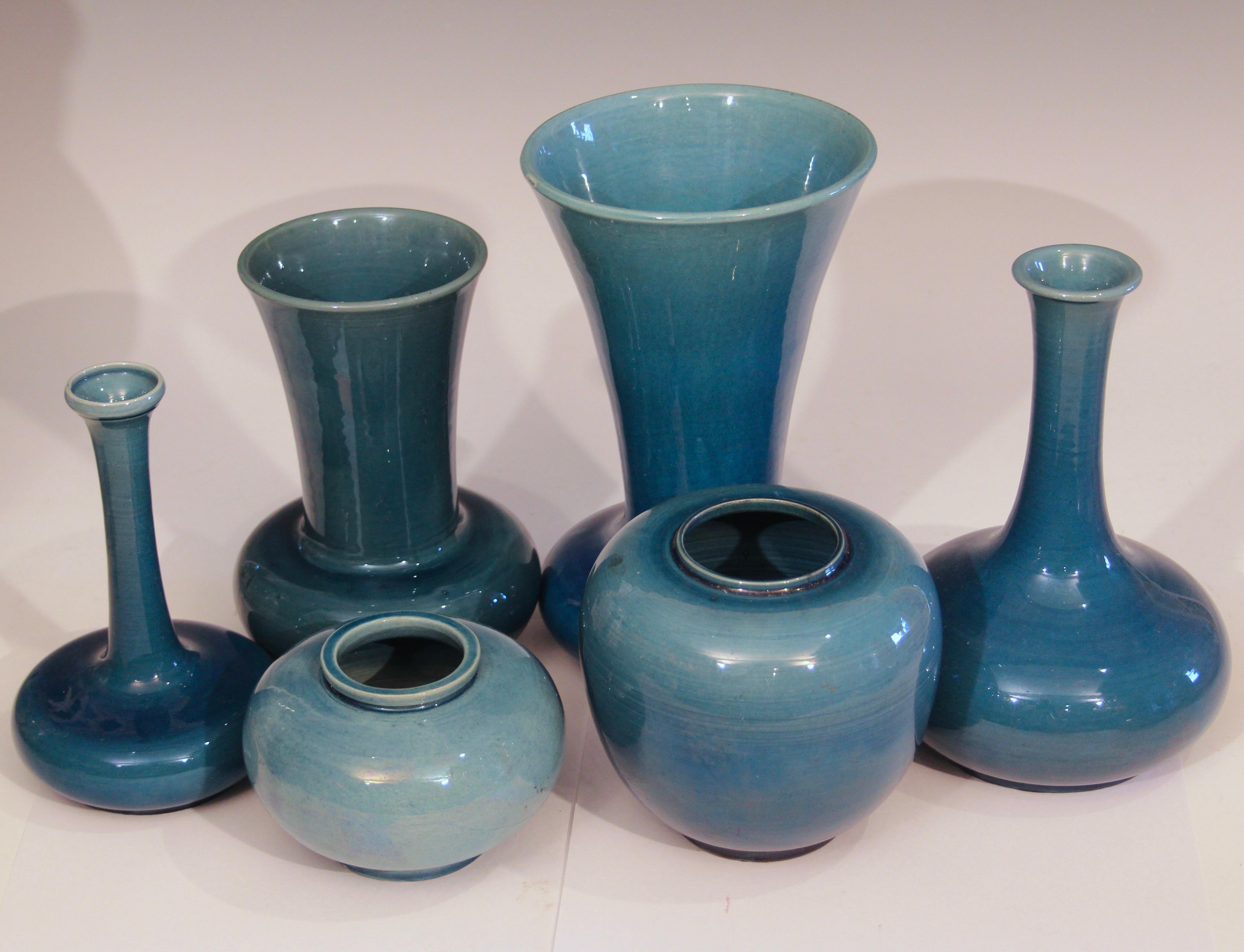 Antique Japanese Awaji Pottery Blue Monochrome Vases, Set of 6 2