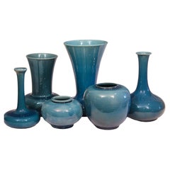 Antique Japanese Awaji Pottery Blue Monochrome Vases, Set of 6