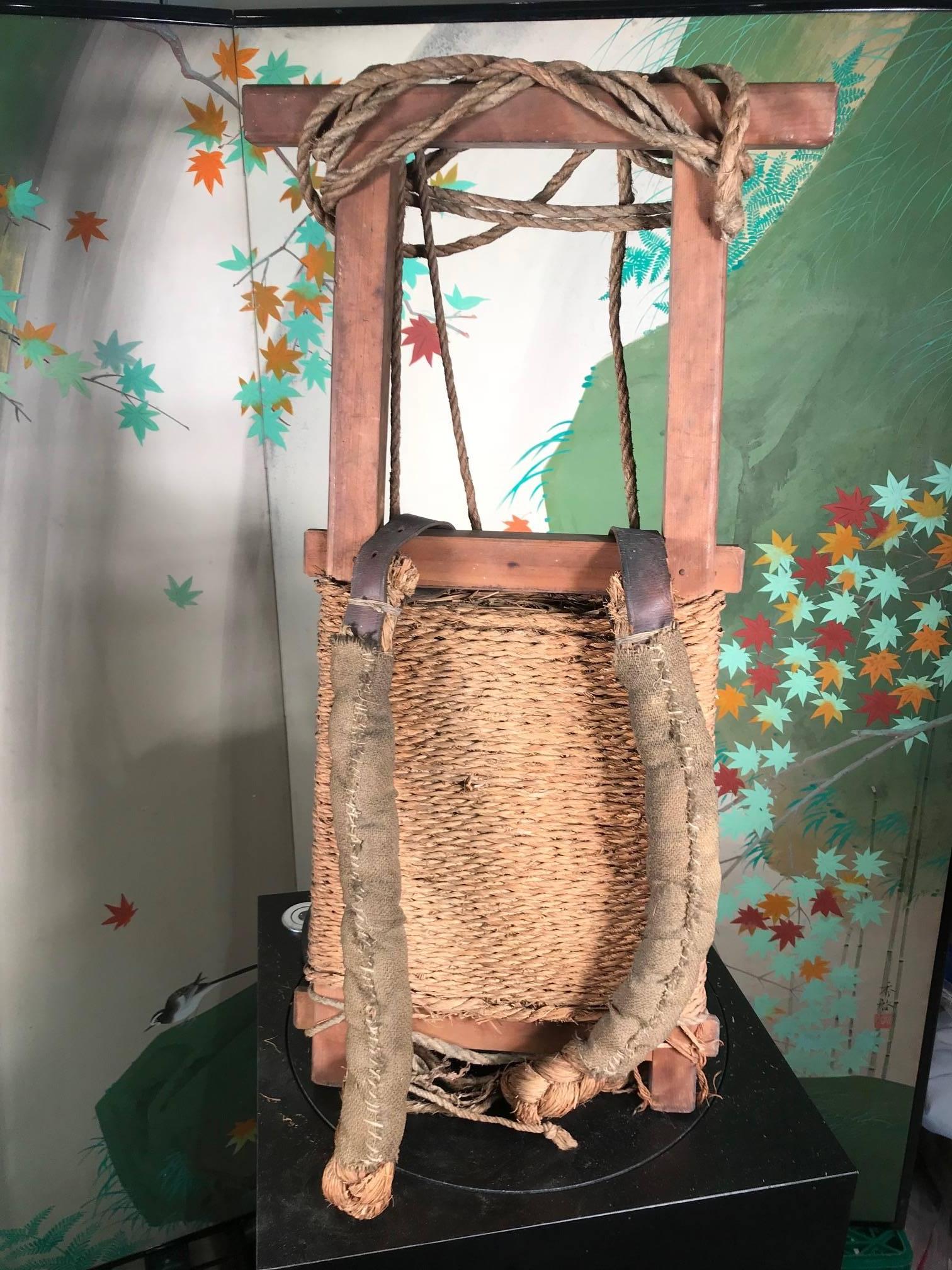Hand-Carved Antique Japanese Backpack Rare Vintage Relic Old Hardwood, Leather and Straw