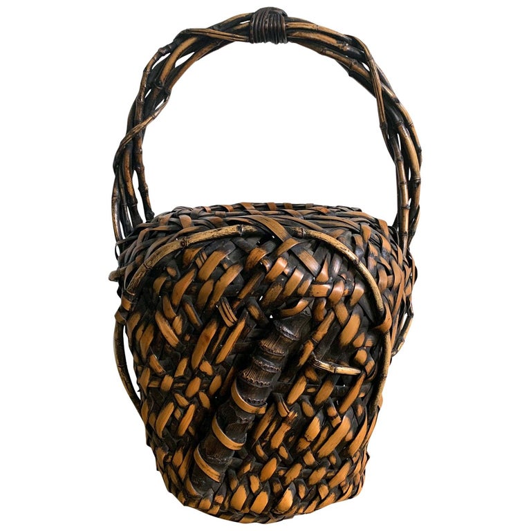 Antique Japanese Bamboo Ikebana Basket of Mingei Style For Sale