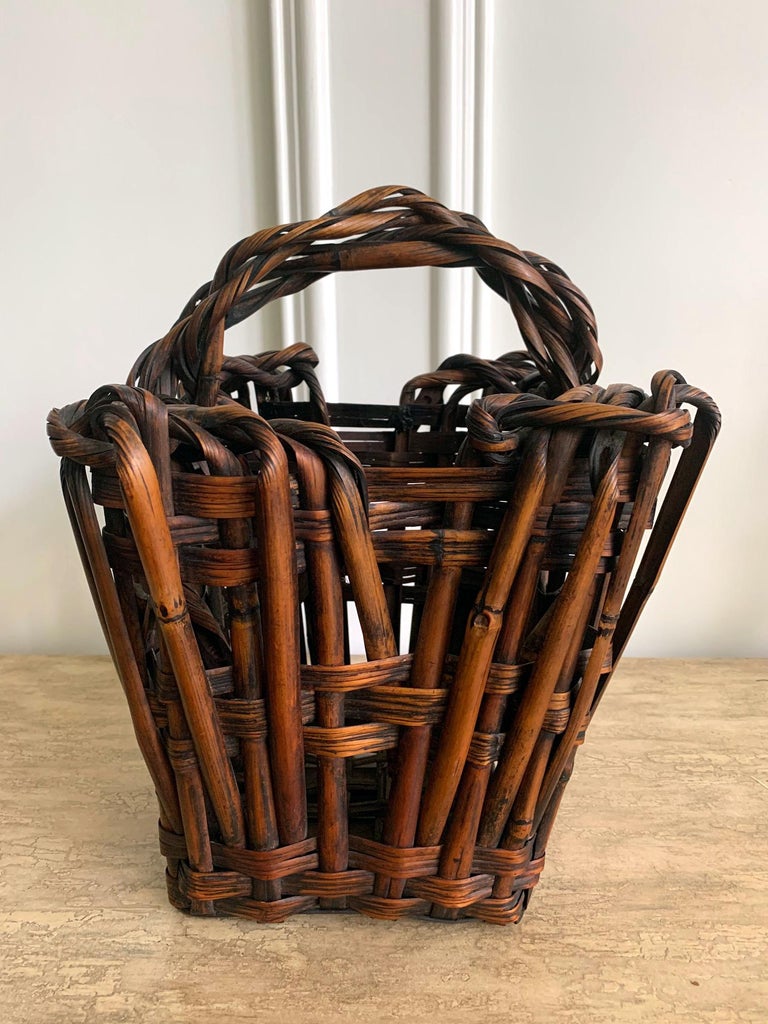 Panier Pliant Vintage - Bambou Et Filet Rouge - Rare - 36x34x24 Cm