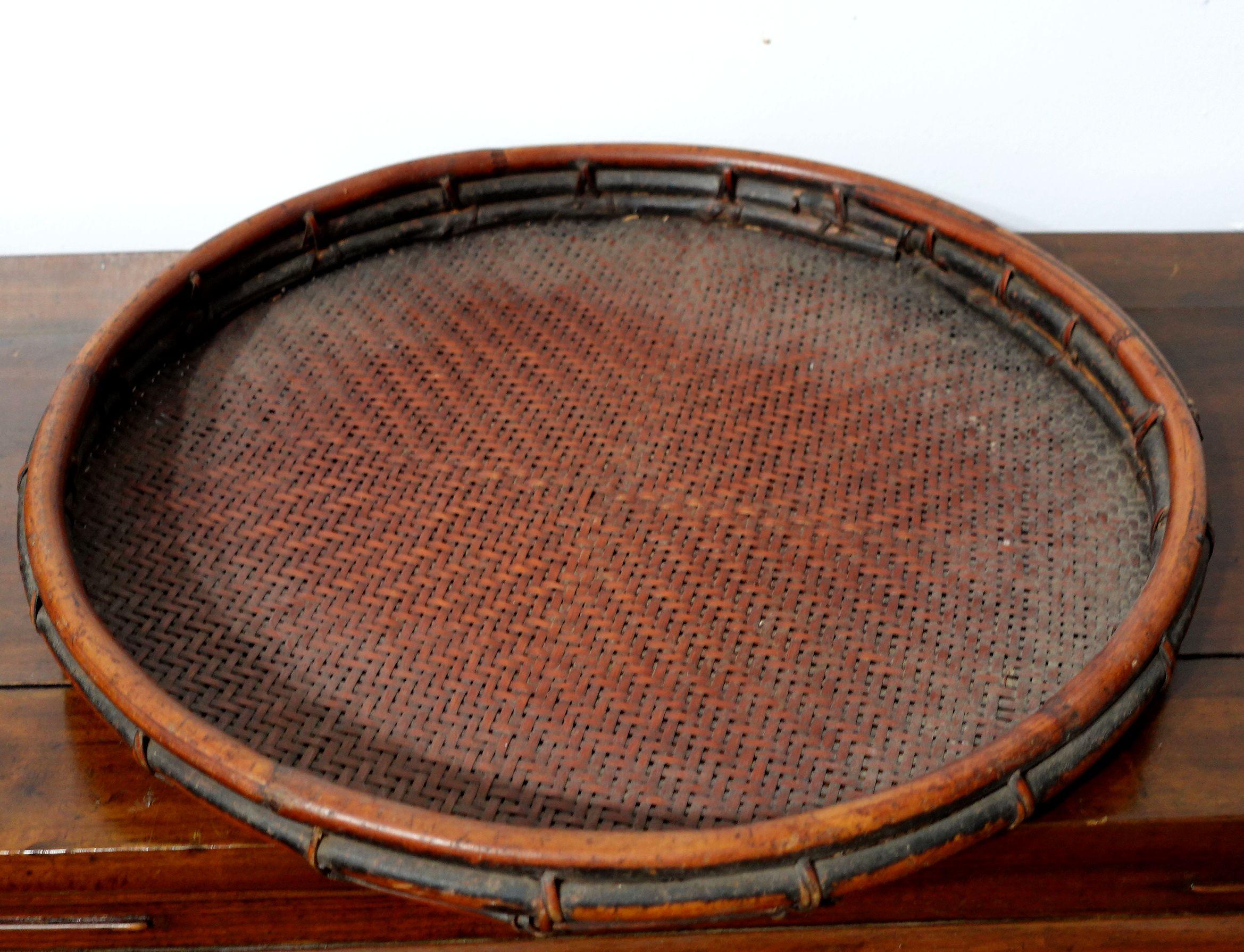 Antique Japanese Bamboo Strip Woven Tray and Starks For Sale 5
