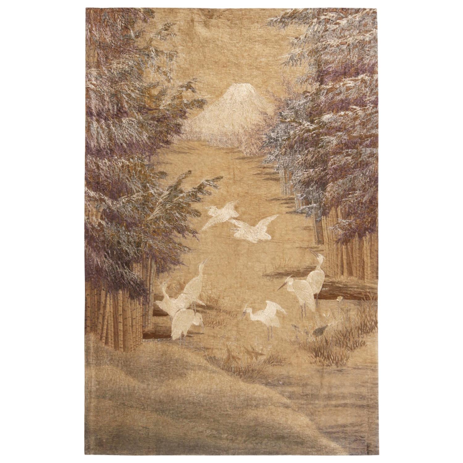 Antique Japanese Beige and Off-White Silk Tapestry with Crane Depictions
