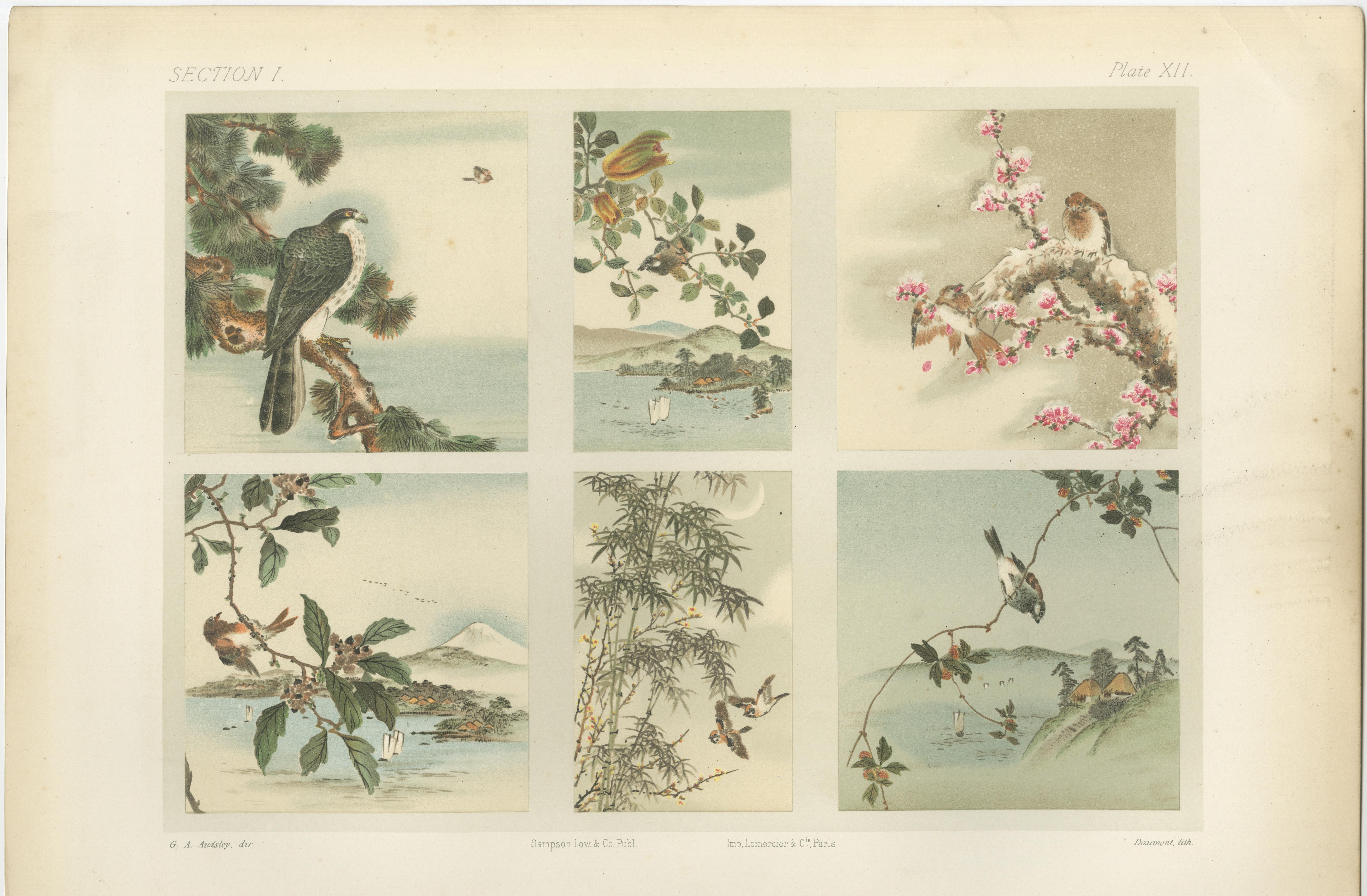 Titel: Antiker japanischer Vogel- und Landschaftsdruck: Sechs Paneele der Harmonie der Natur

Beschreibung: Dieser exquisite japanische Druck aus dem 19. Jahrhundert zeigt sechs bezaubernde Szenen von Vögeln in ihrem natürlichen Lebensraum, die