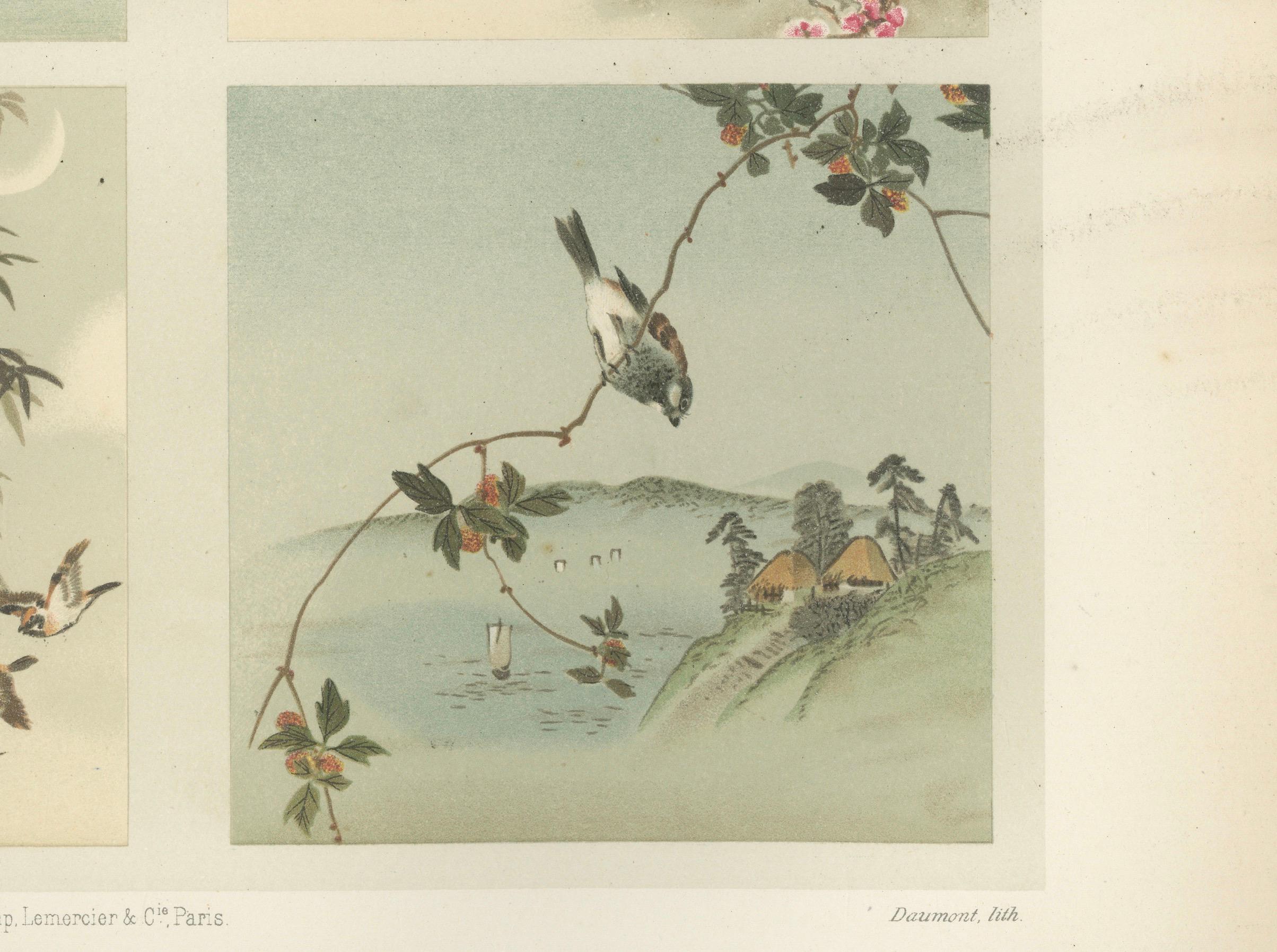 Antiker japanischer Vogel- und Landschaftsdruck: Sechs Tafeln der Harmonie der Natur, 1882 im Zustand „Gut“ im Angebot in Langweer, NL