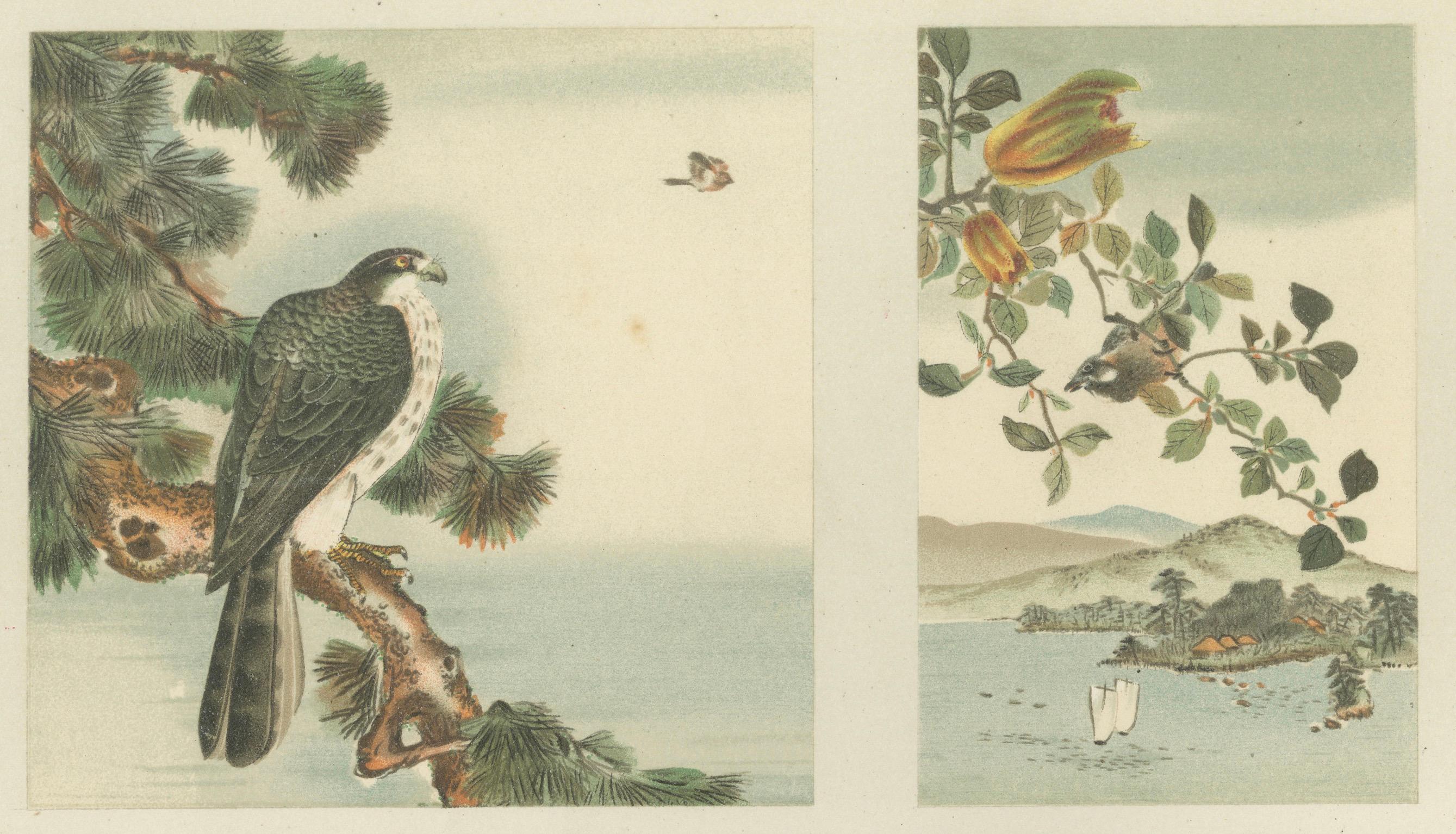 Antiker japanischer Vogel- und Landschaftsdruck: Sechs Tafeln der Harmonie der Natur, 1882 im Angebot 1
