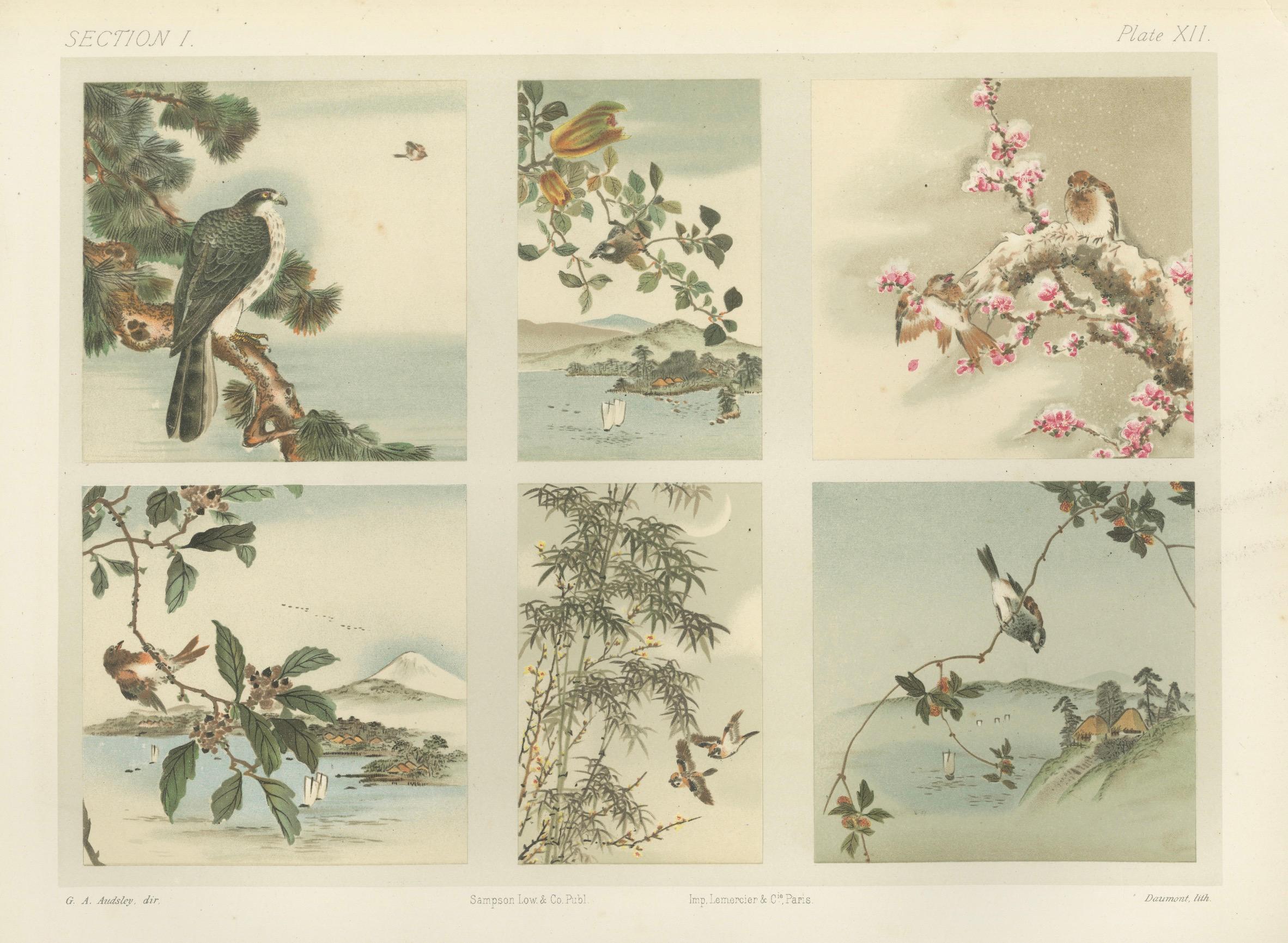 Antiker japanischer Vogel- und Landschaftsdruck: Sechs Tafeln der Harmonie der Natur, 1882 im Angebot 2