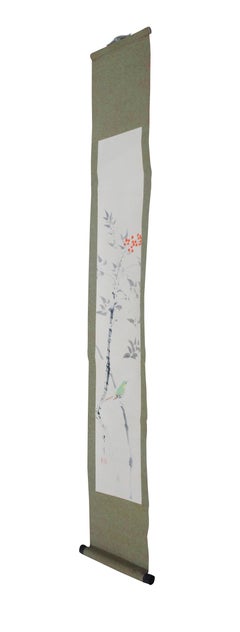 Antique Japanese Bird Branch Berry Watercolor Hanging Scroll Signed Painting 53"