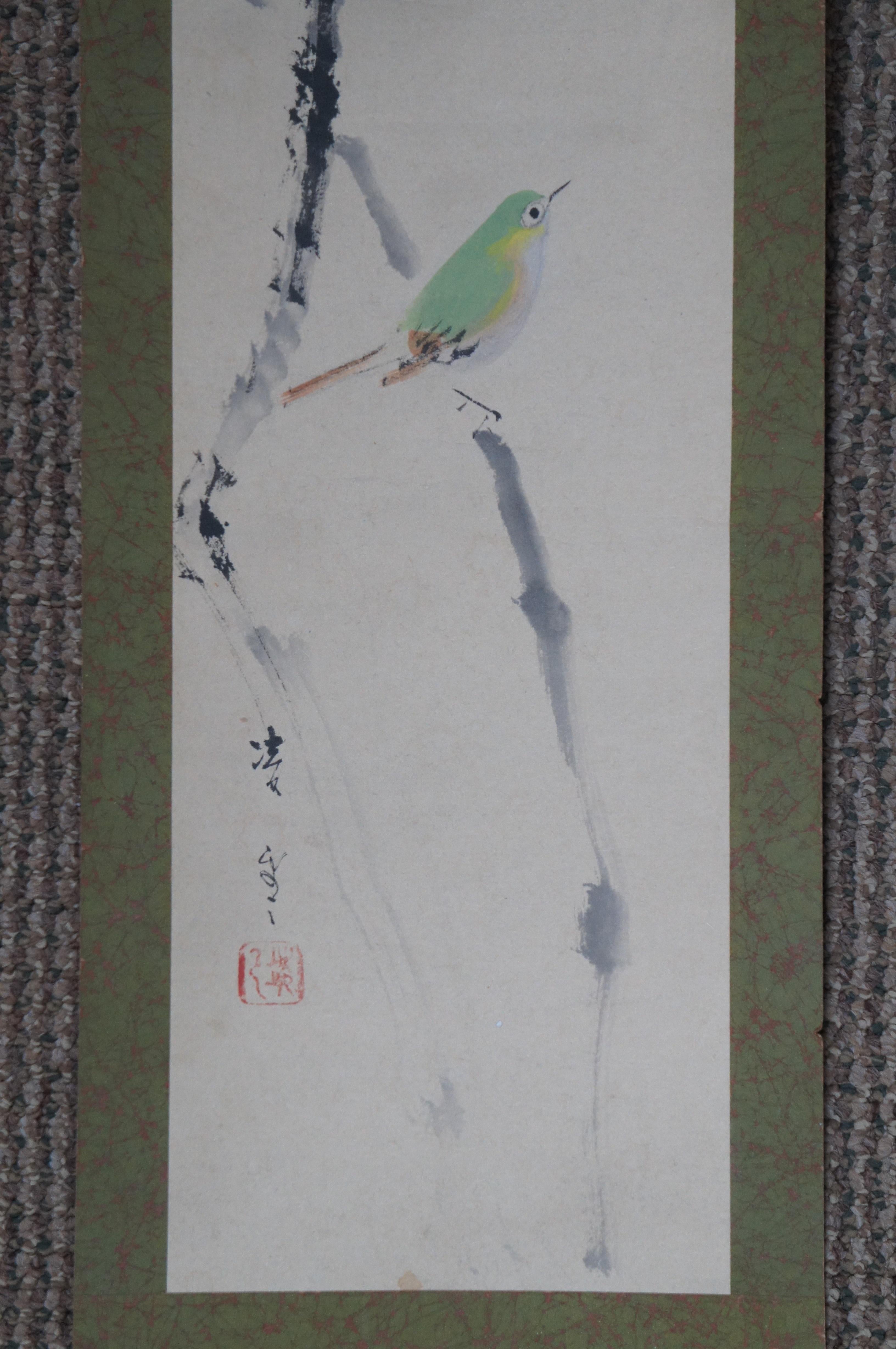 Peinture Japonaise Ancienne Oiseau Branch Berry Aquarelle Suspension Rouleau Signée 53