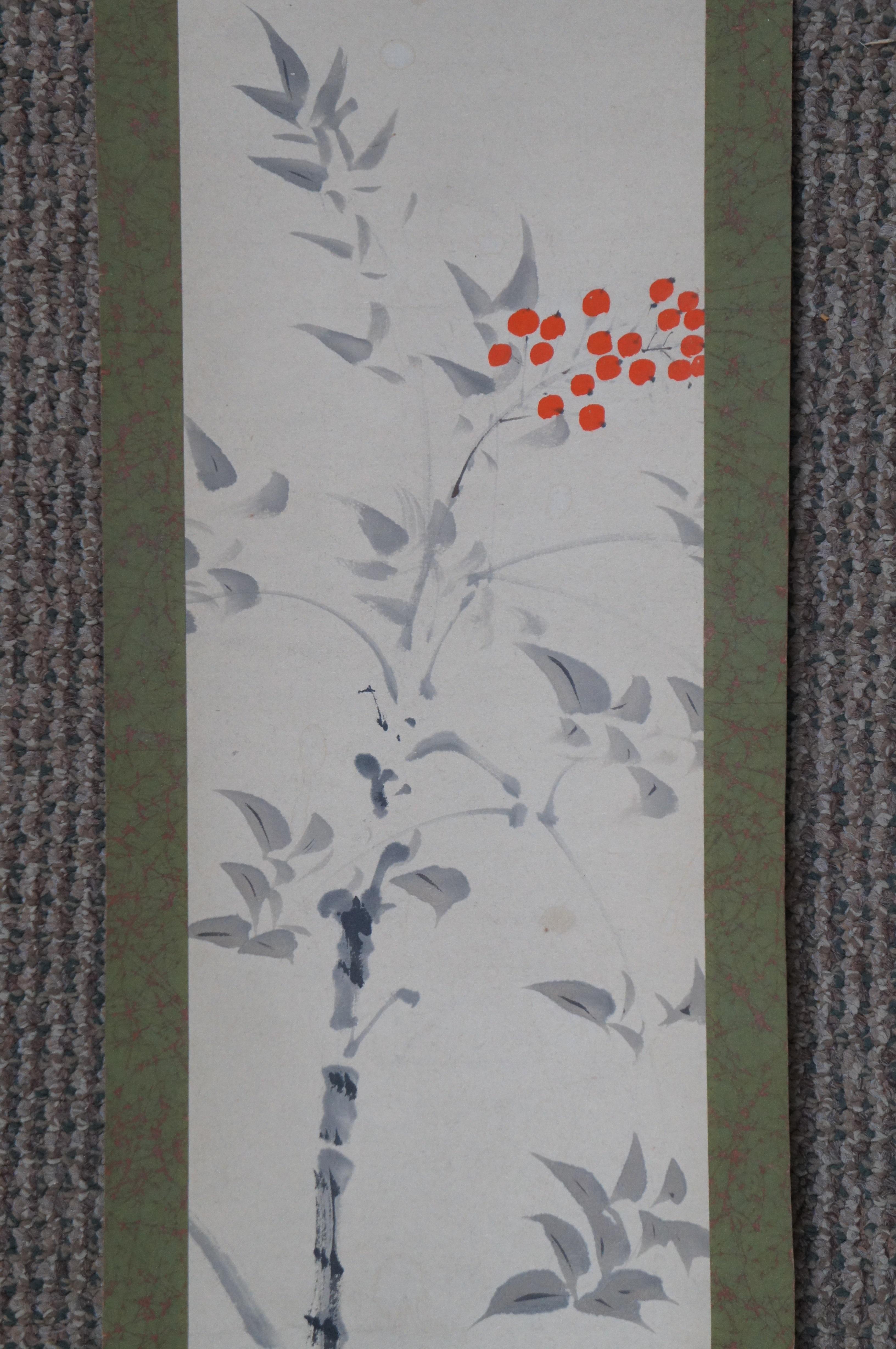20th Century Antique Japanese Bird Branch Berry Watercolor Hanging Scroll Signed Painting 53