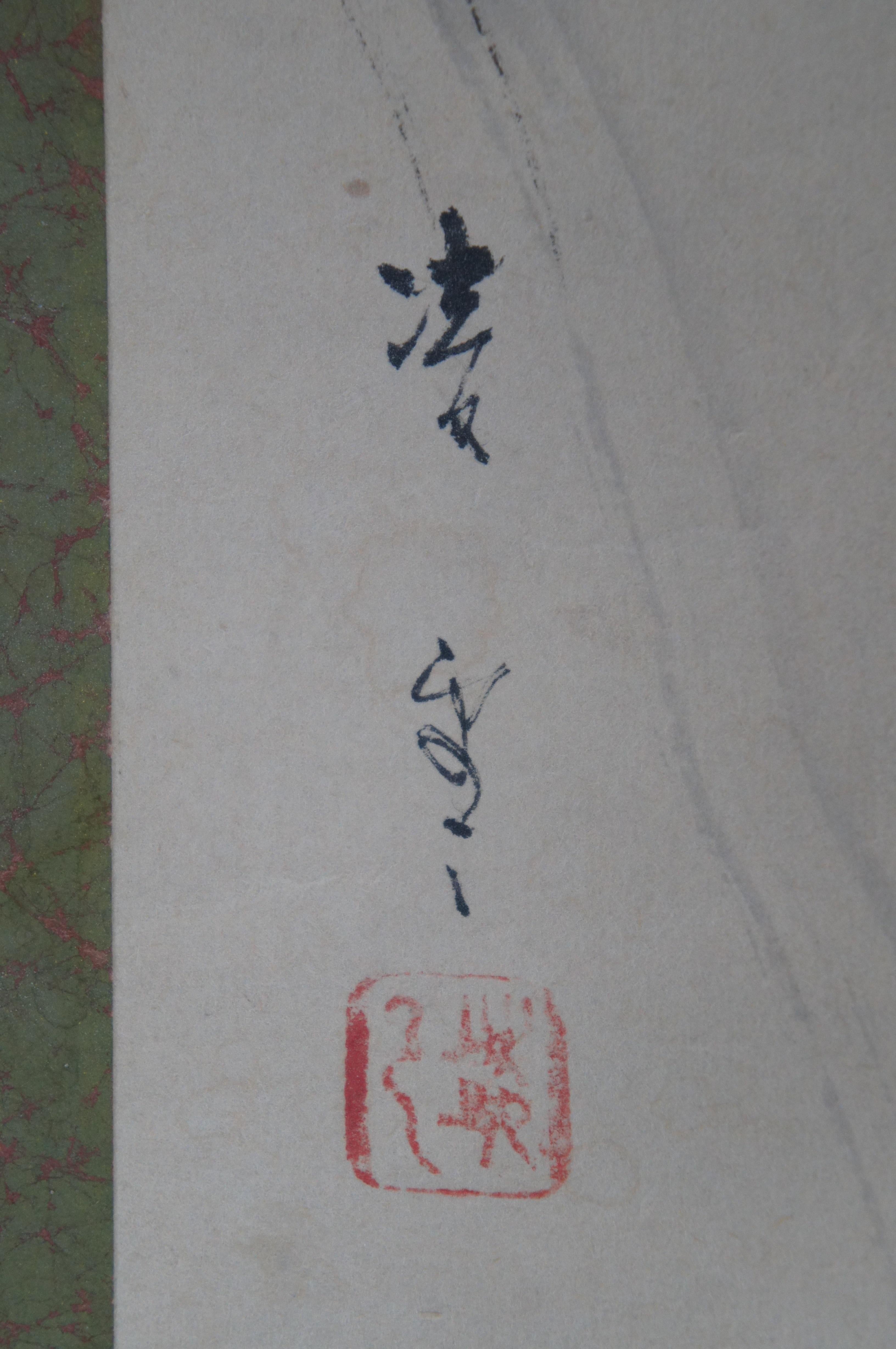 Antike japanische Vogel Zweig Beere Aquarell hängenden Scroll unterzeichnet Malerei 53