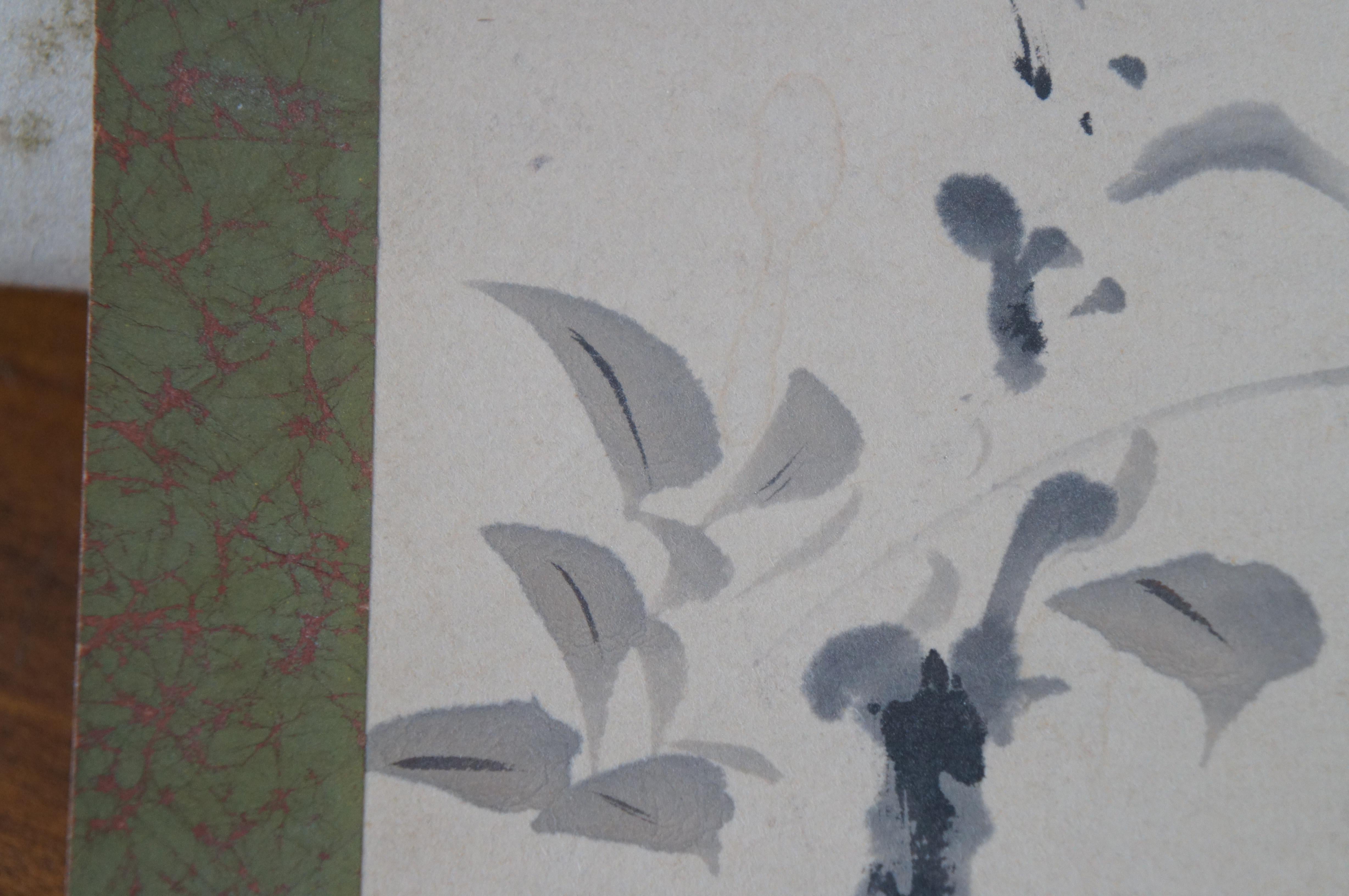 Peinture Japonaise Ancienne Oiseau Branch Berry Aquarelle Suspension Rouleau Signée 53