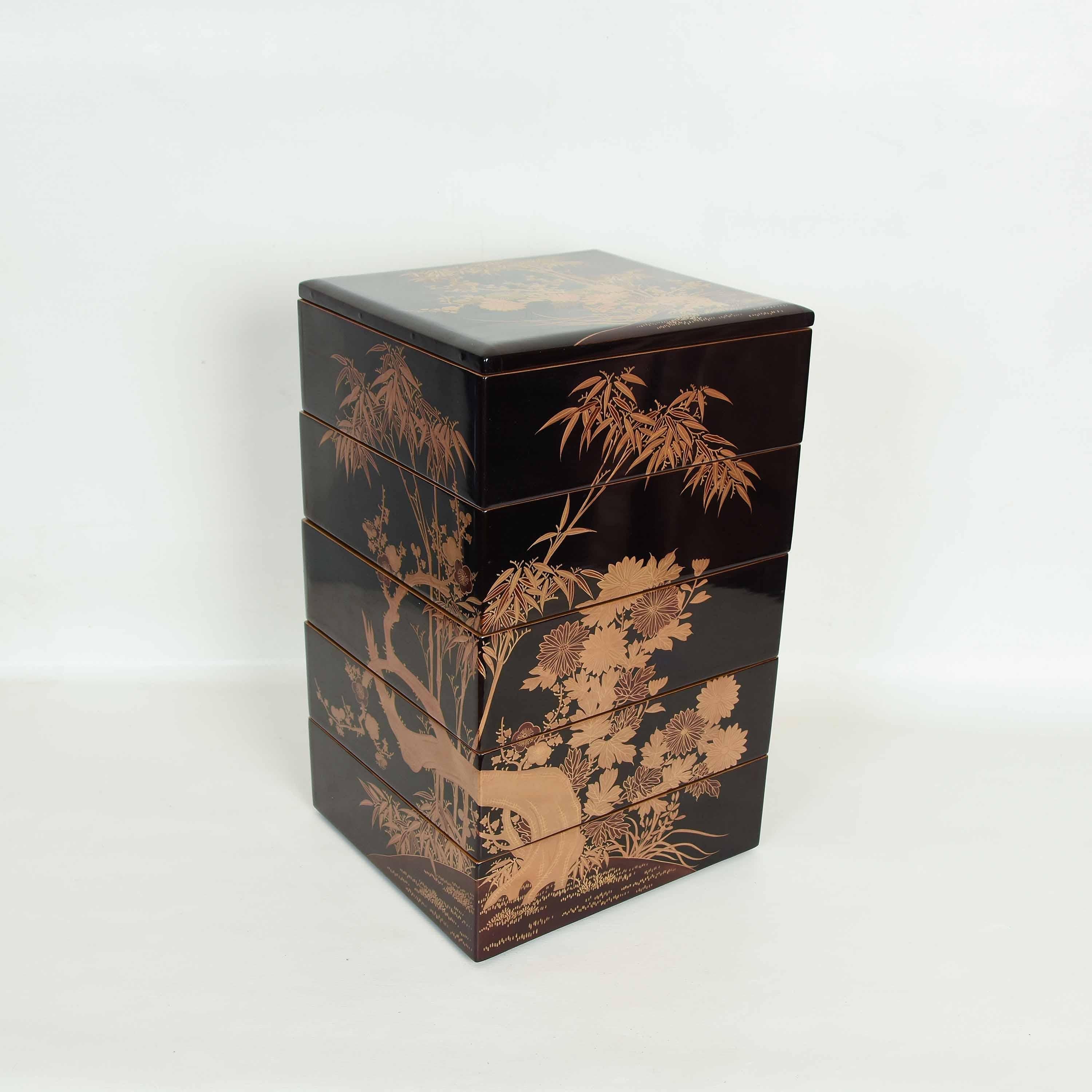 Antique Japanese Black Lacquer Jubako with Stand, Meiji Period, circa 1900 5