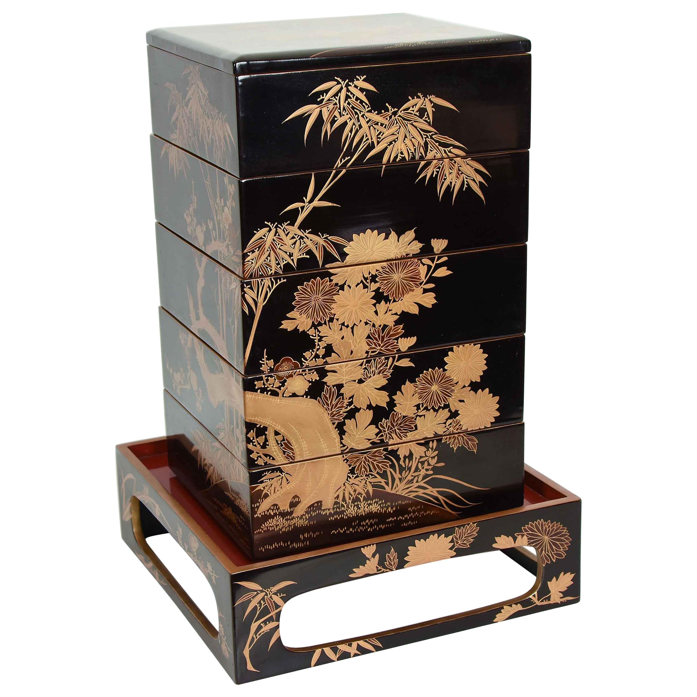 Antique Japanese Black Lacquer Jubako with Stand, Meiji Period, circa 1900