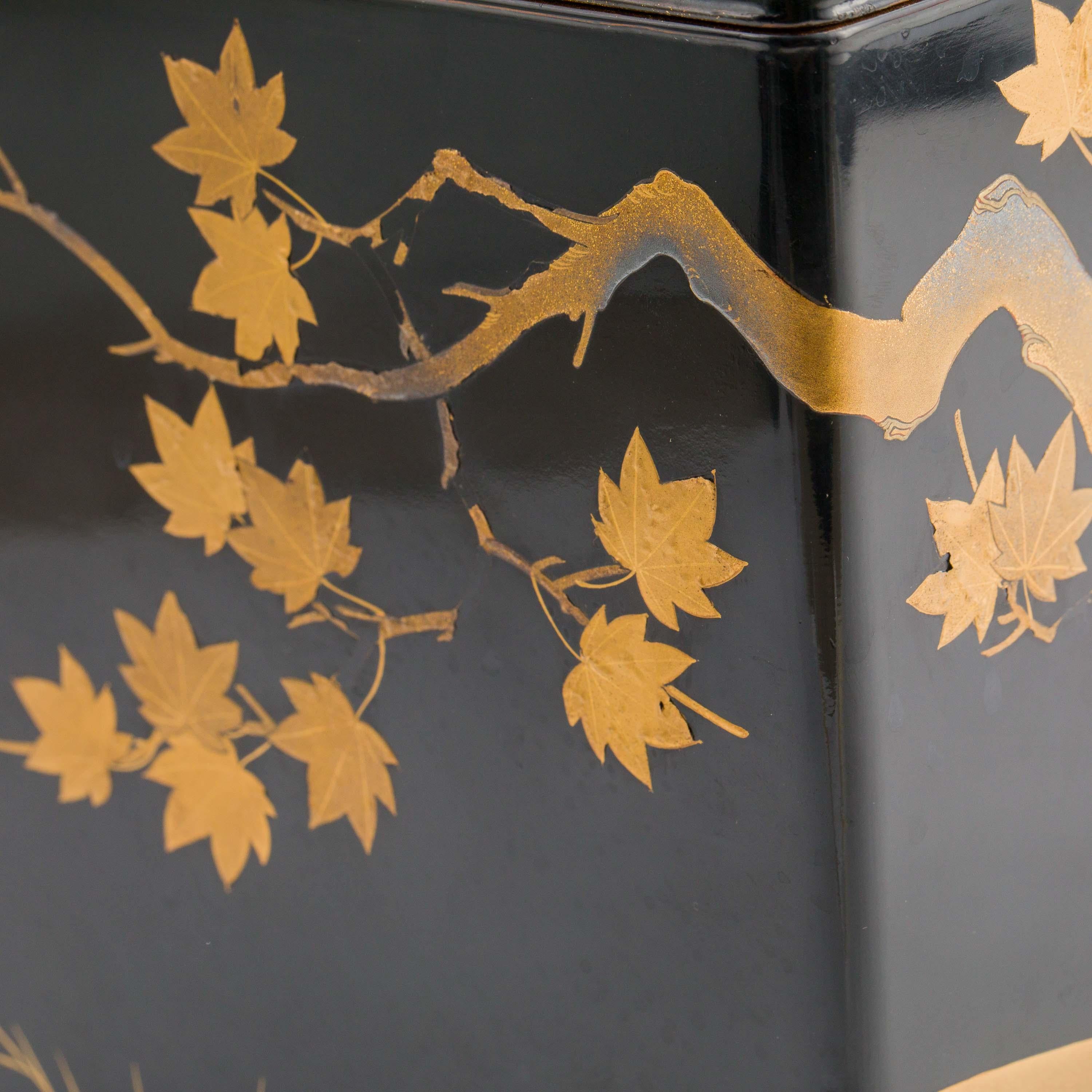 Bronze Antique Japanese Black Lacquer Noh Mask Box with Gold Maki e Design, Edo Period
