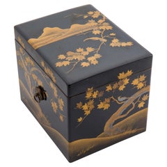 Antique Japanese Black Lacquer Noh Mask Box with Gold Maki e Design, Edo Period