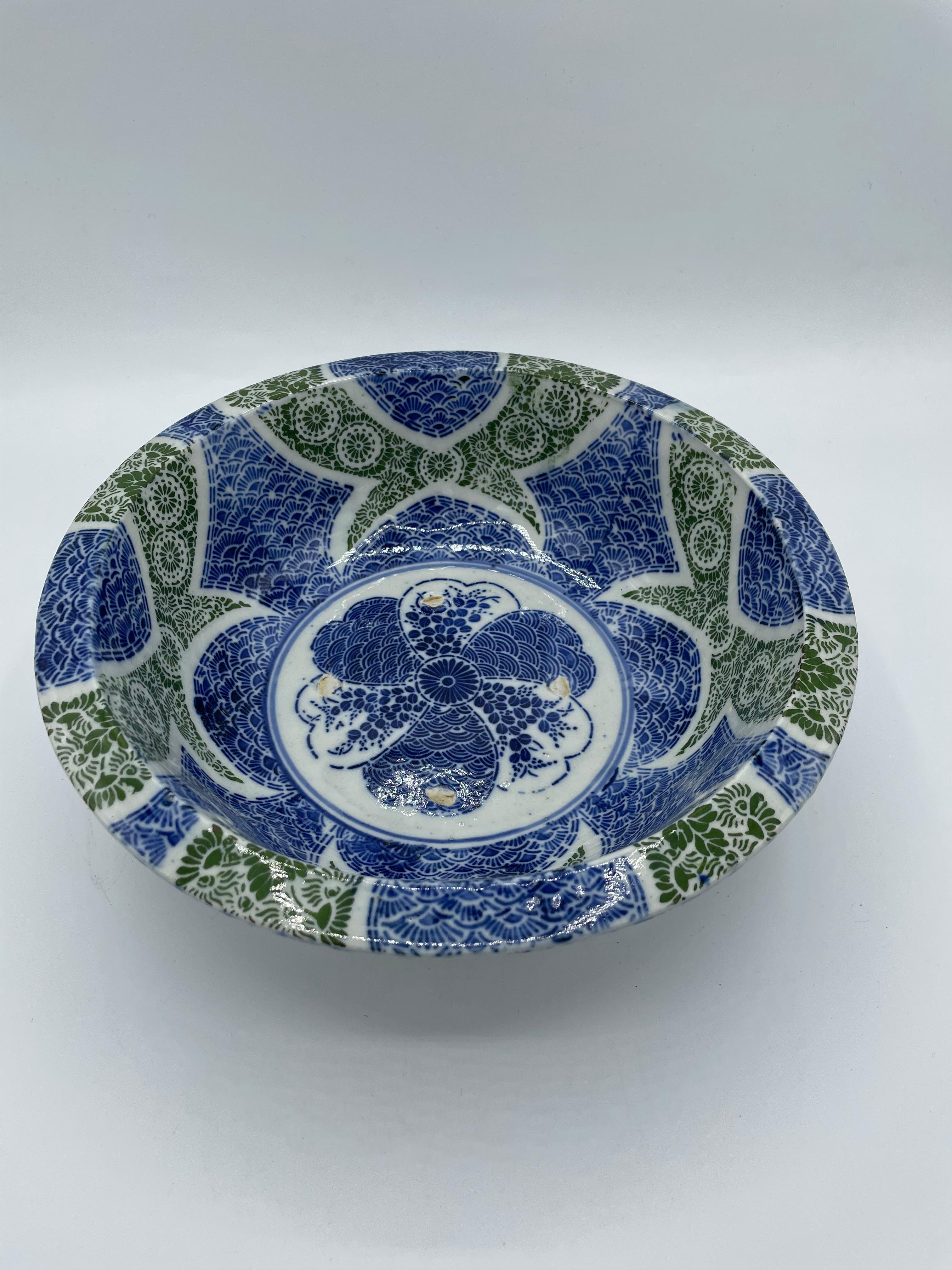 Porcelain Antique Japanese Blue and Green Serving Bowl 1920s Taisho era For Sale
