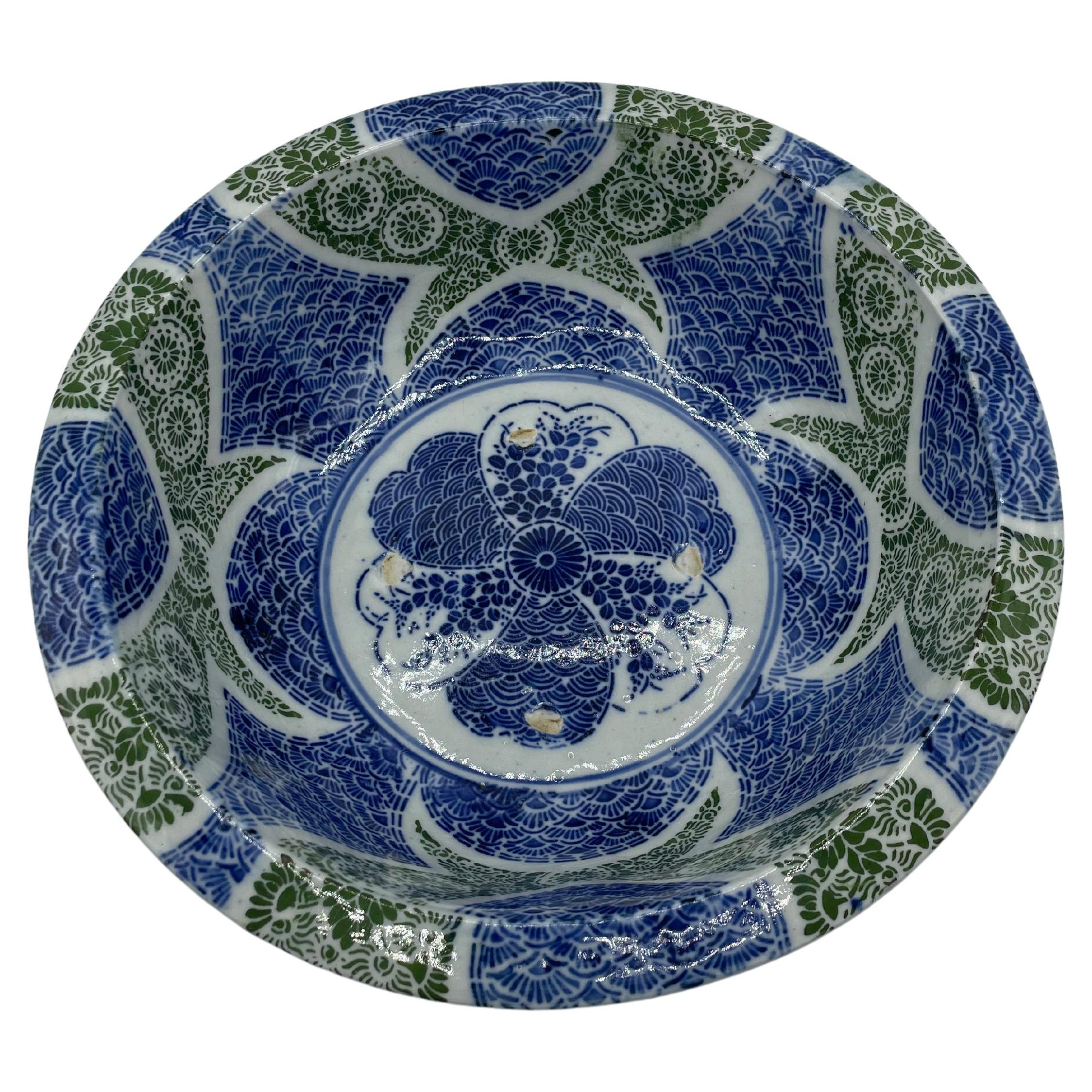 Antique Japanese Blue and Green Serving Bowl 1920s Taisho era For Sale