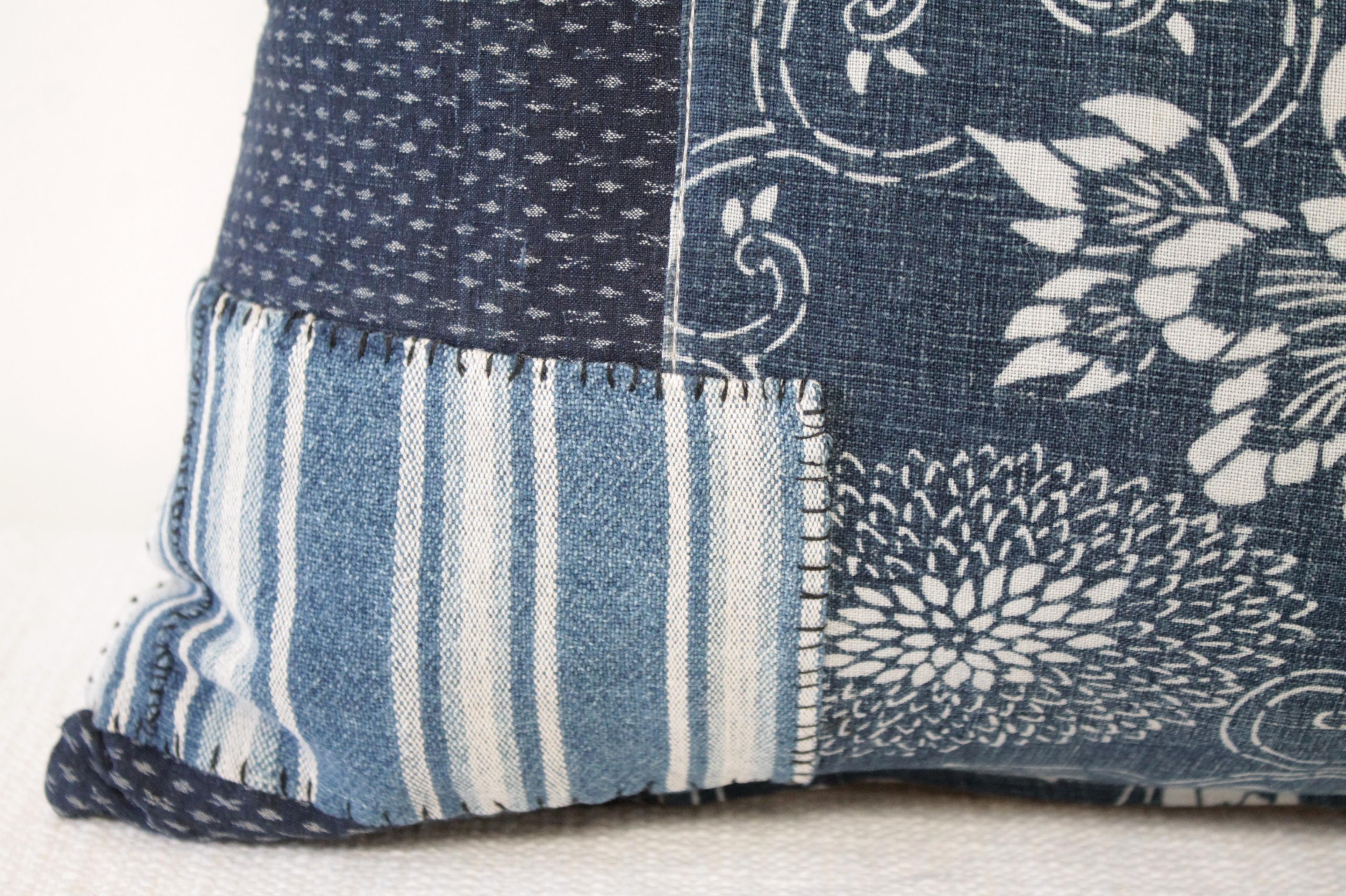 Antique Japanese Boro Patchwork Indigo Lumbar Pillow Blue and White In New Condition In Brea, CA
