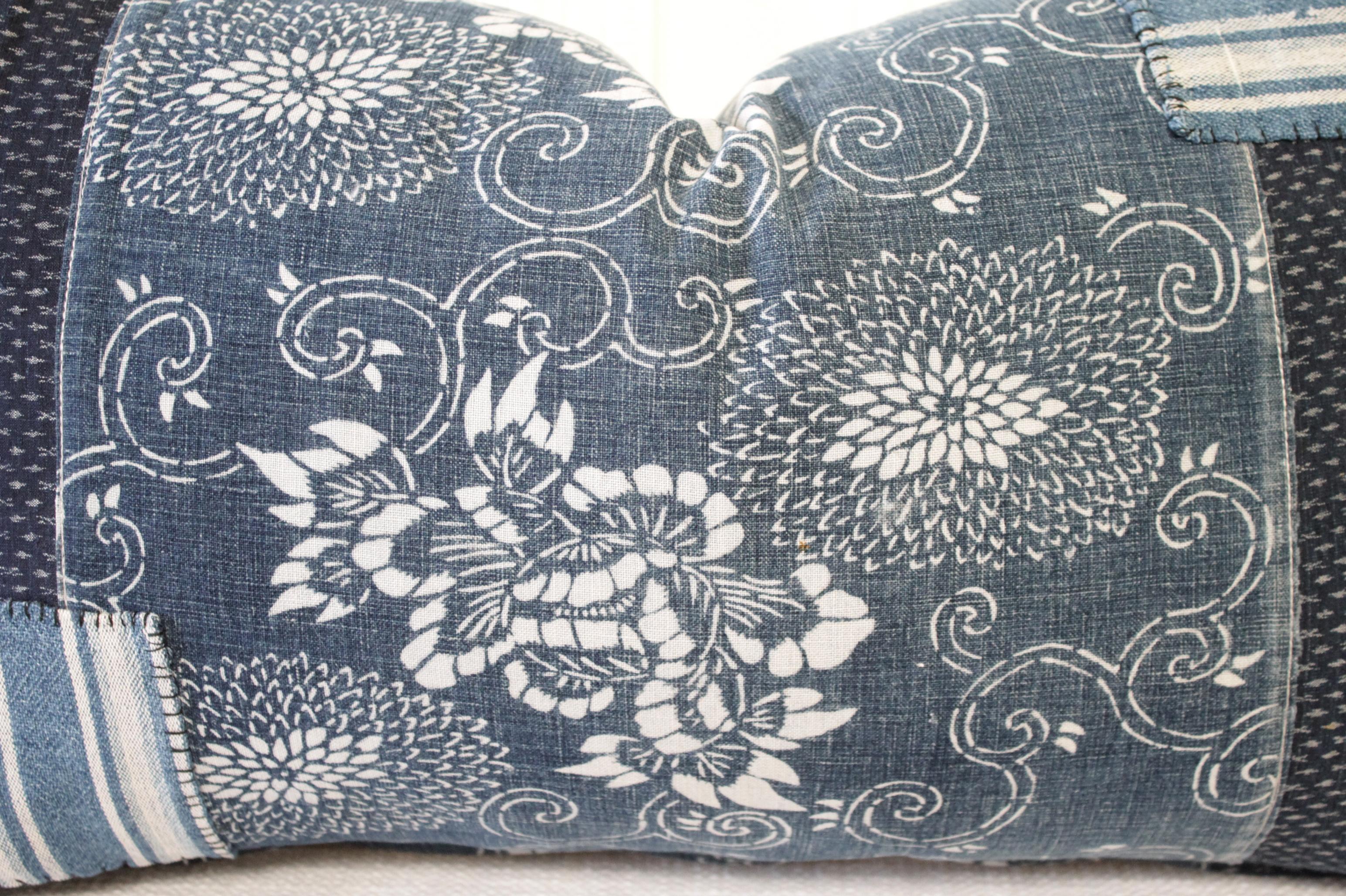 Contemporary Antique Japanese Boro Patchwork Indigo Lumbar Pillow Blue and White