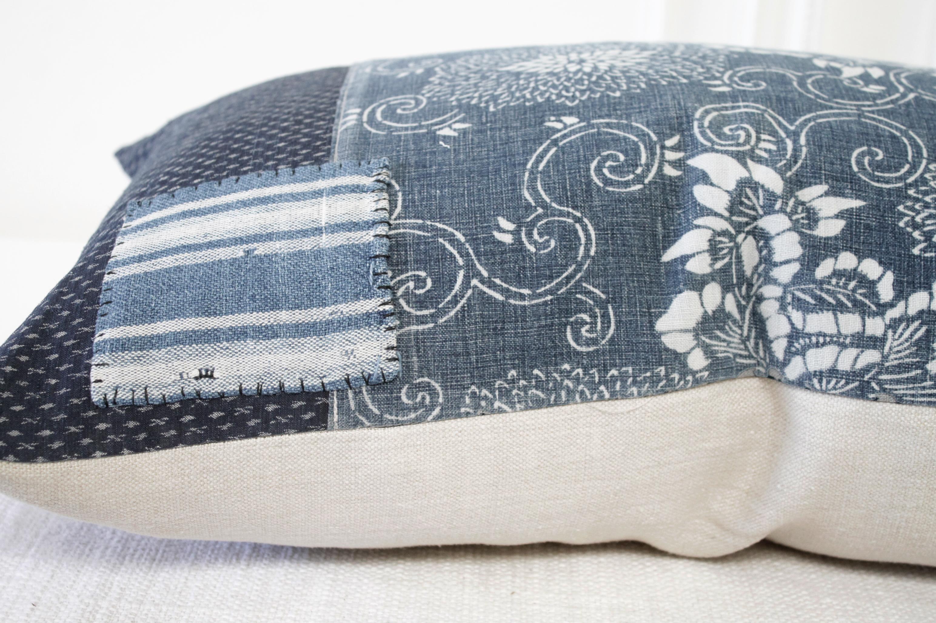 Cotton Antique Japanese Boro Patchwork Indigo Lumbar Pillow Blue and White