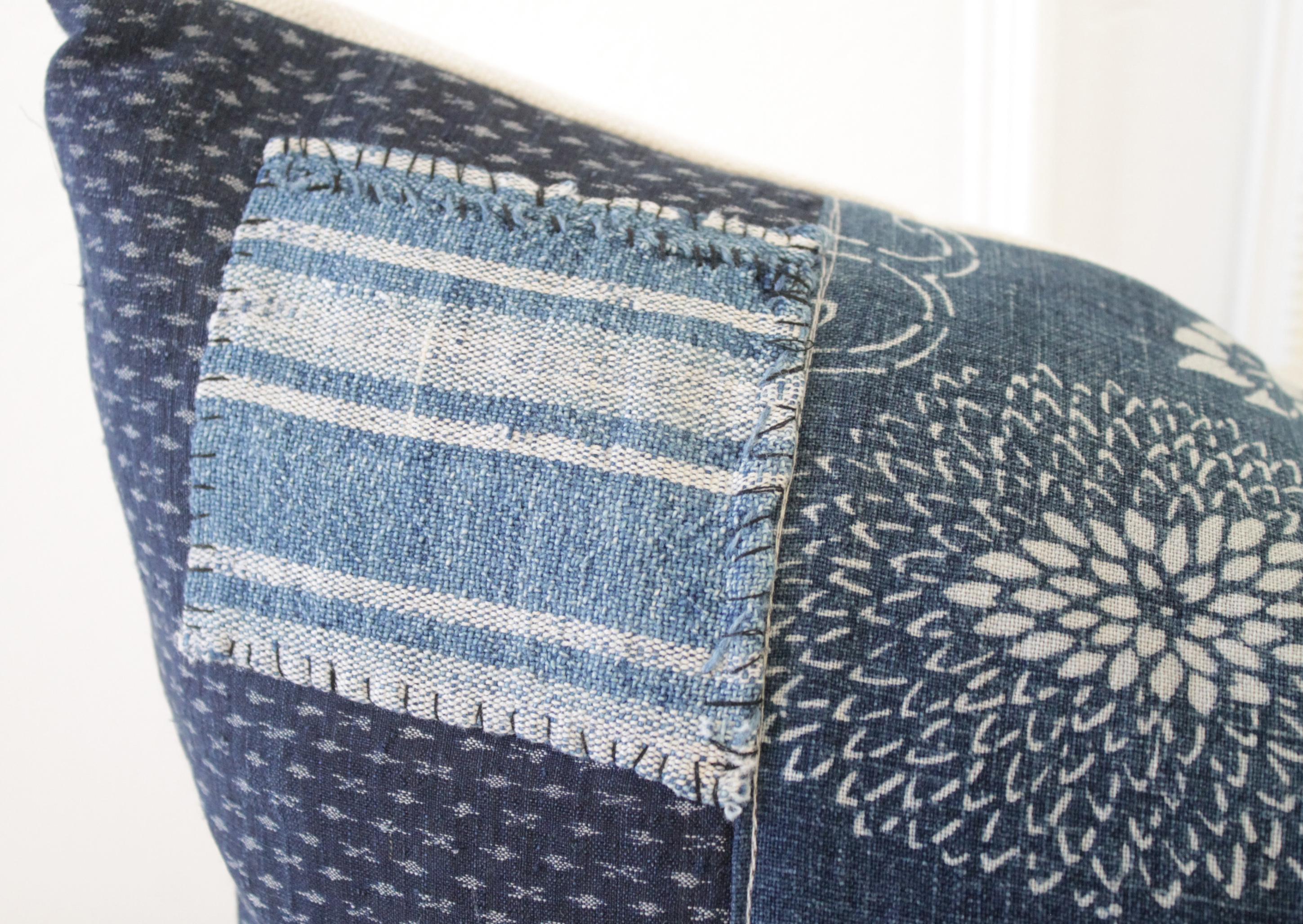 Antique Japanese boro patchwork indigo lumbar pillow
Size: 14 x 20
Hidden zipper closure, face is lined.
Dry cleaning recommended
Custom designed in our studio with antique pieces of indigo blue boro fabric, this patchwork pillow would make a