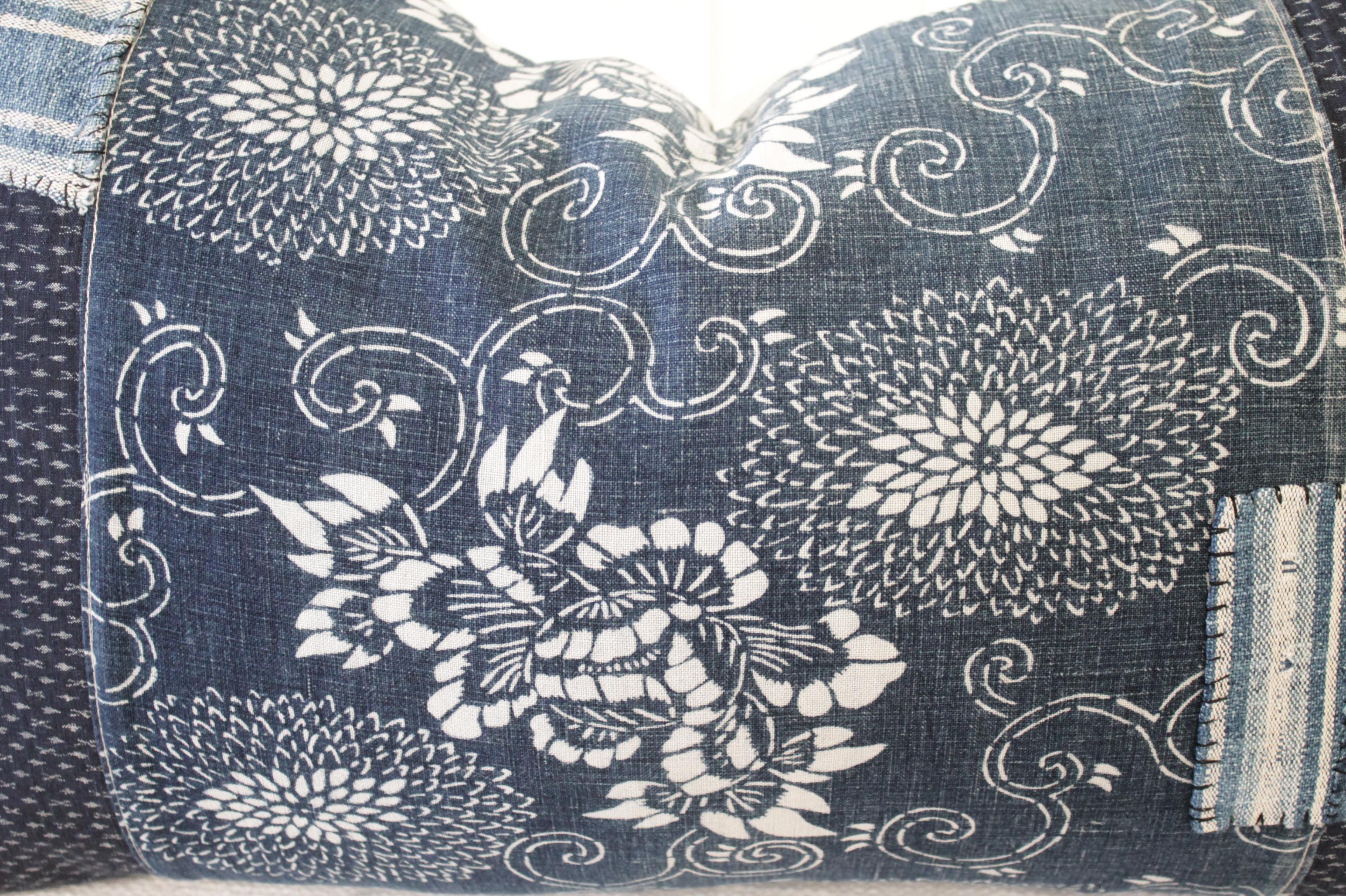 Antique Japanese Boro Patchwork Indigo Lumbar Pillow In New Condition In Old Town Orange, CA