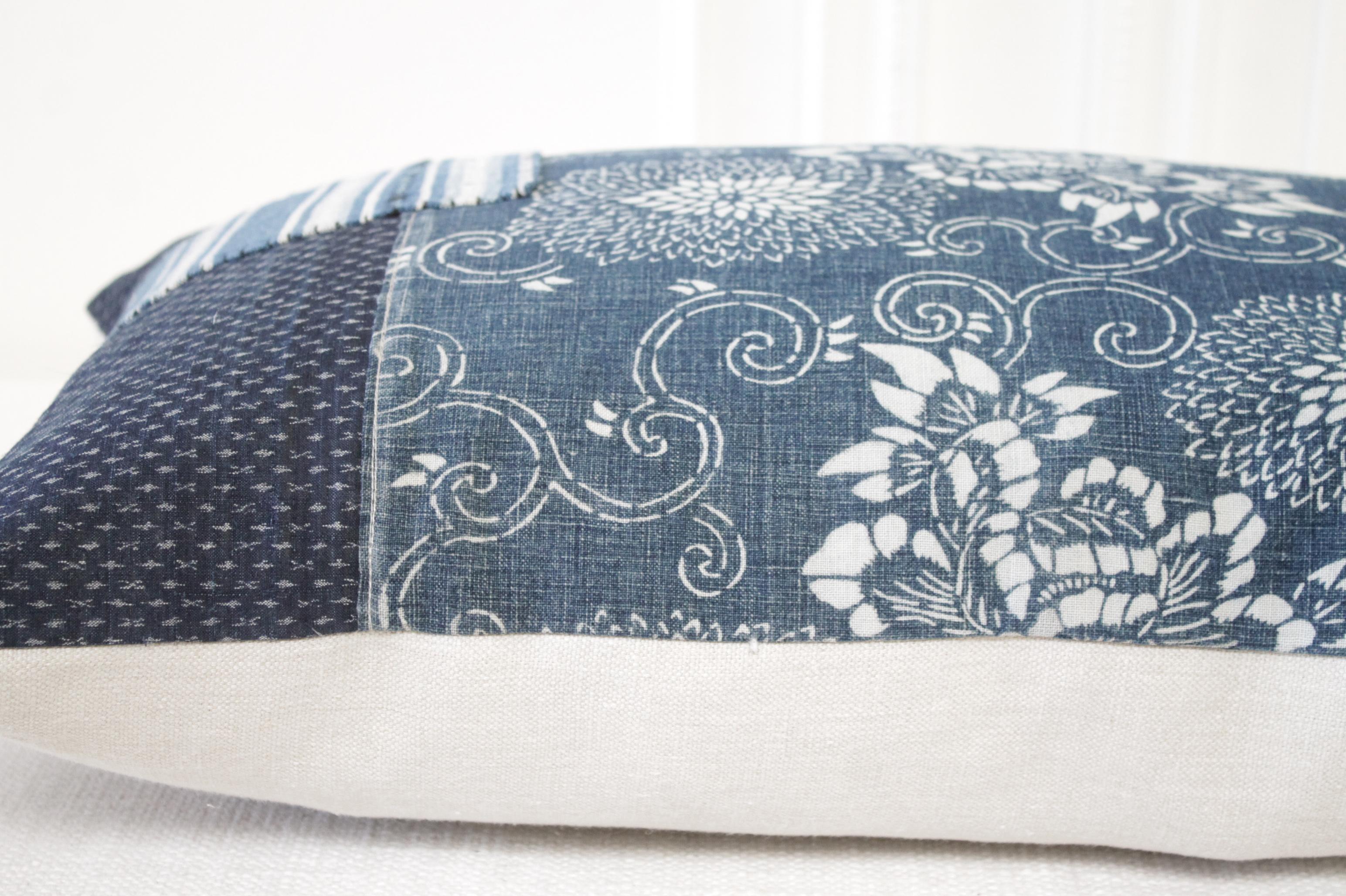 Cotton Antique Japanese Boro Patchwork Indigo Lumbar Pillow