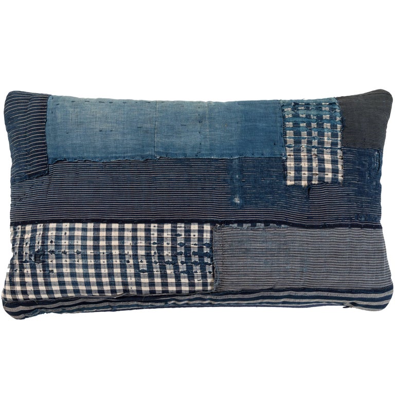 Antique Japanese Indigo Boro Custom Pillow with Sashiko Stitching For