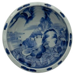 Antique Japanese Bowl/ Flower Vase Blue and White 1920s Taiso Era