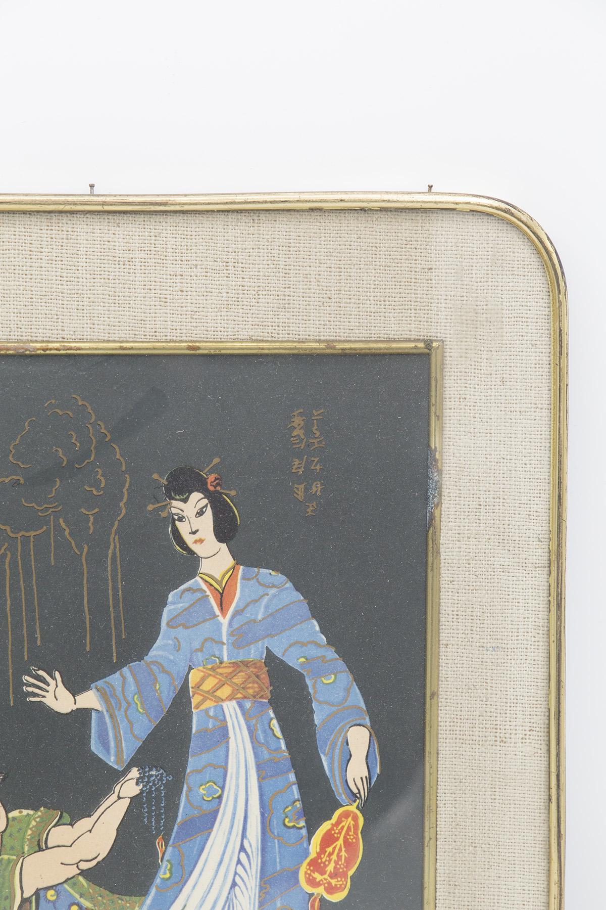 Antique Japanese Brass Framed Painting 'Wedding' In Good Condition For Sale In Milano, IT