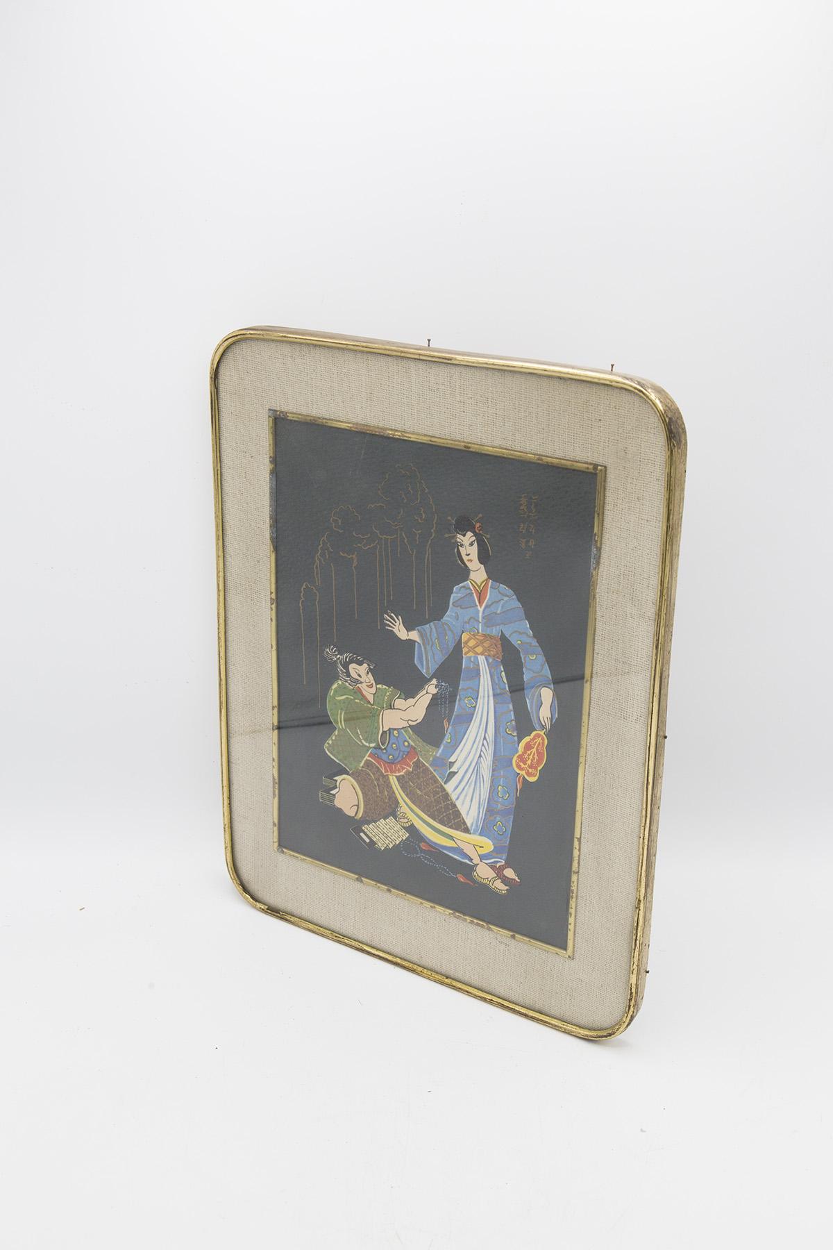 Early 20th Century Antique Japanese Brass Framed Painting 'Wedding' For Sale