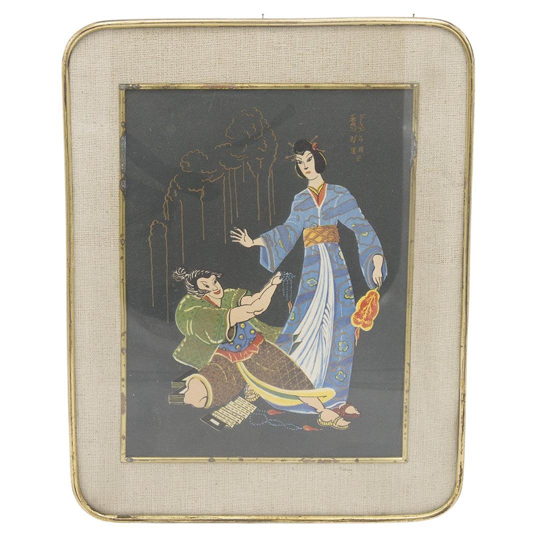 Peinture japonaise ancienne encadrée en laiton « Wedding » en vente