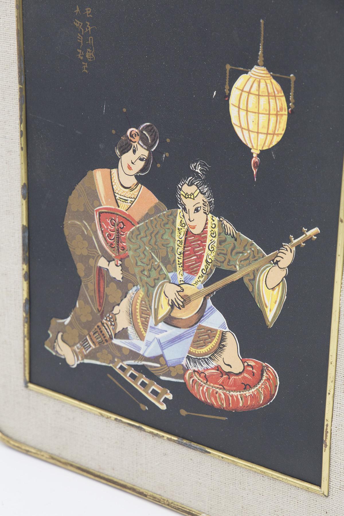 Anglo-Japanese Antique Japanese Brass Painting 'Romantic Serenade' For Sale