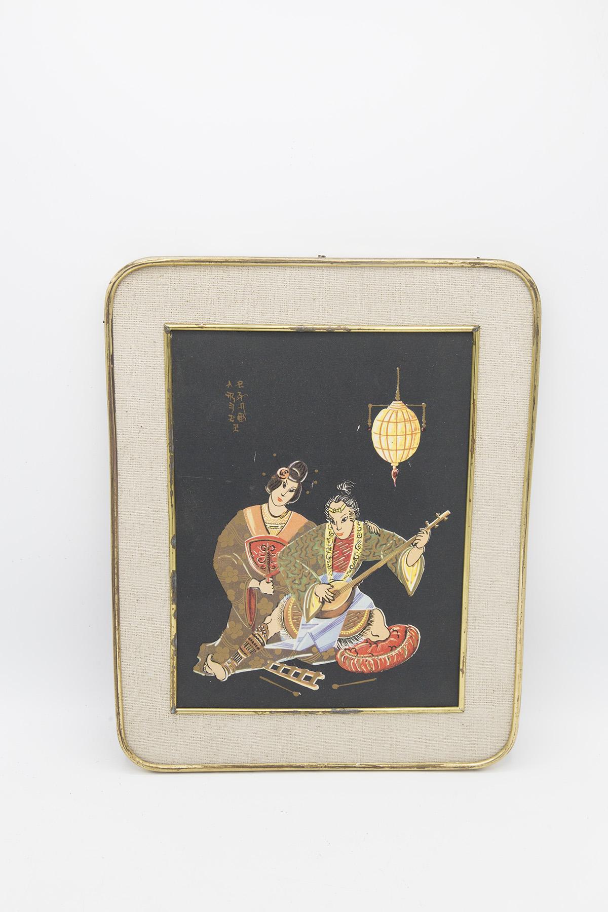 Antikes japanisches Gemälde „Romantische Serenade“ aus Messing (Handbemalt) im Angebot
