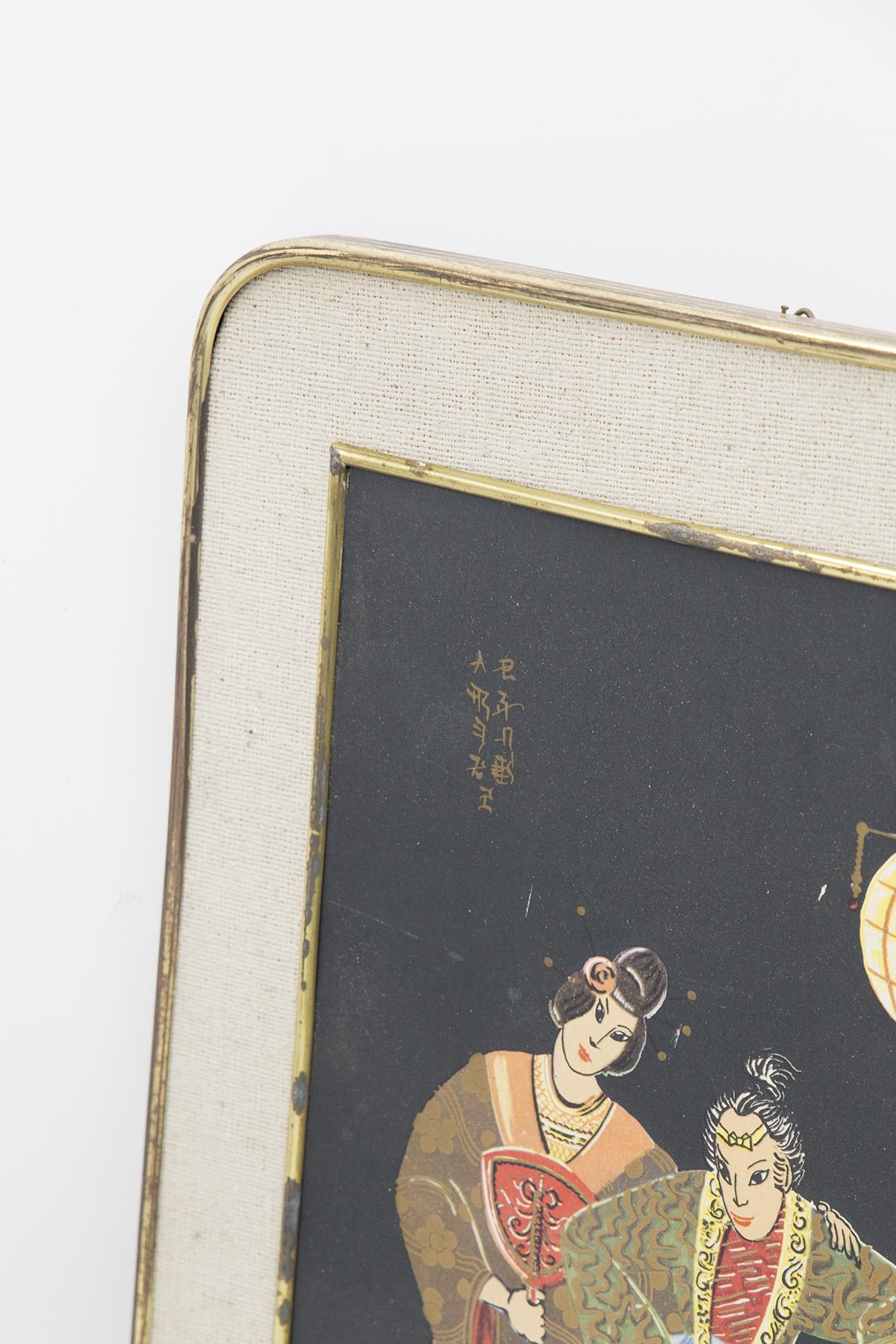 Early 20th Century Antique Japanese Brass Painting 'Romantic Serenade' For Sale