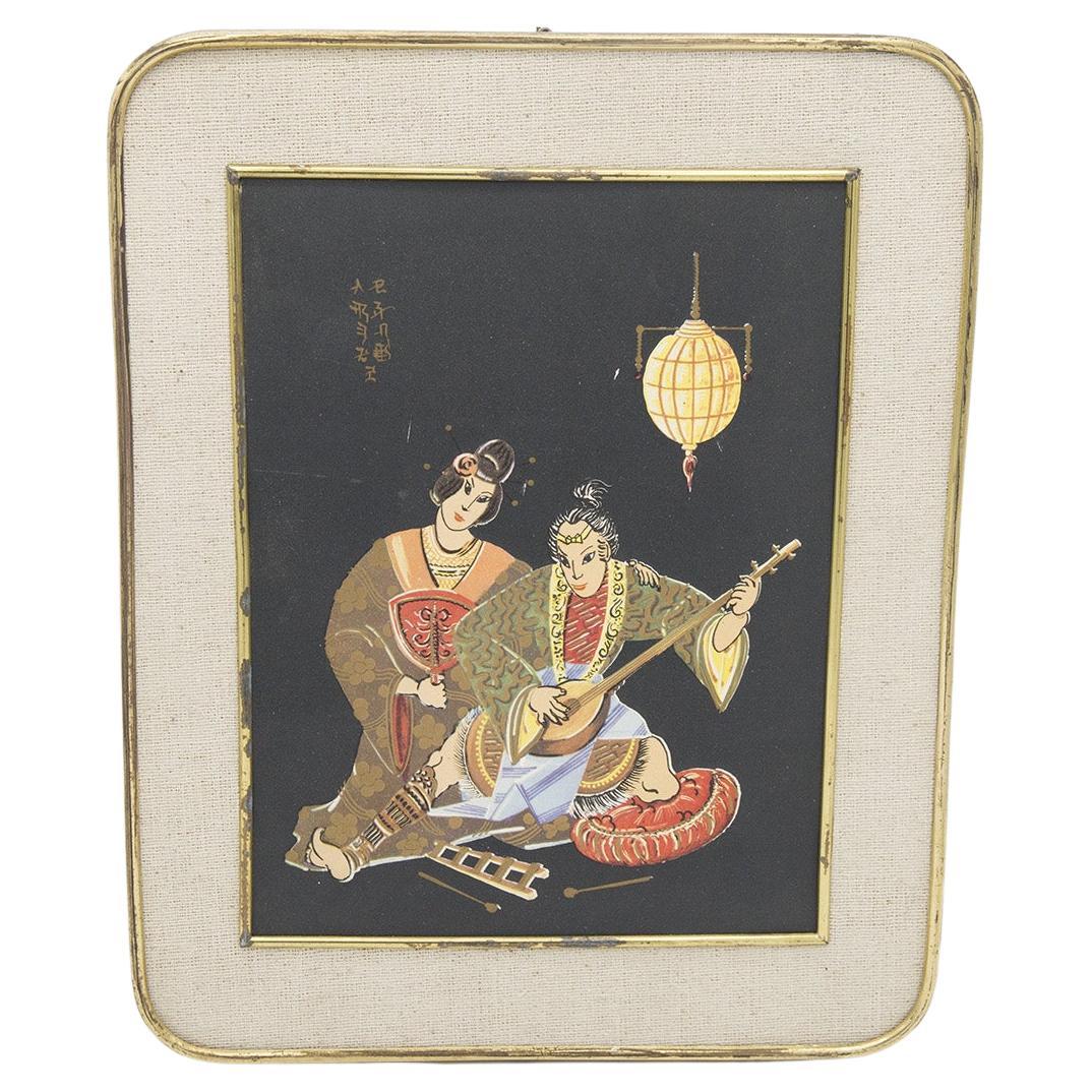 Antique Japanese Brass Painting 'Romantic Serenade' For Sale