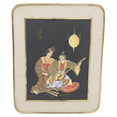 Antique Japanese Brass Painting 'Romantic Serenade'