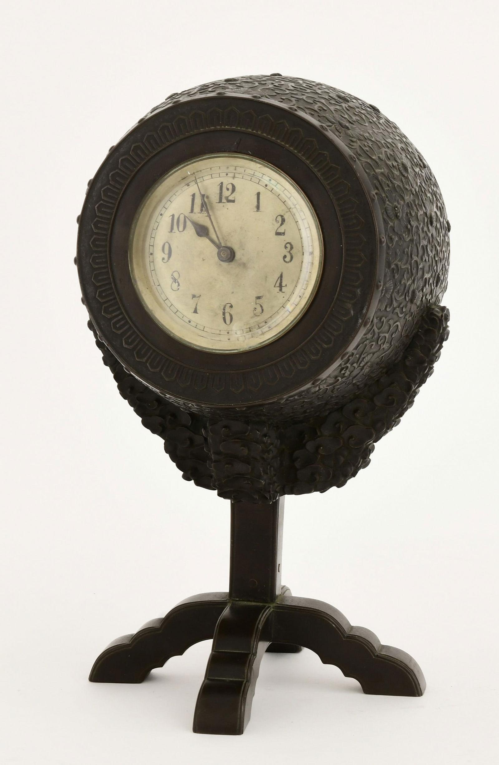 Japonisme Antique Japanese Bronze Barrel Form Table or Mantel Clock For Sale