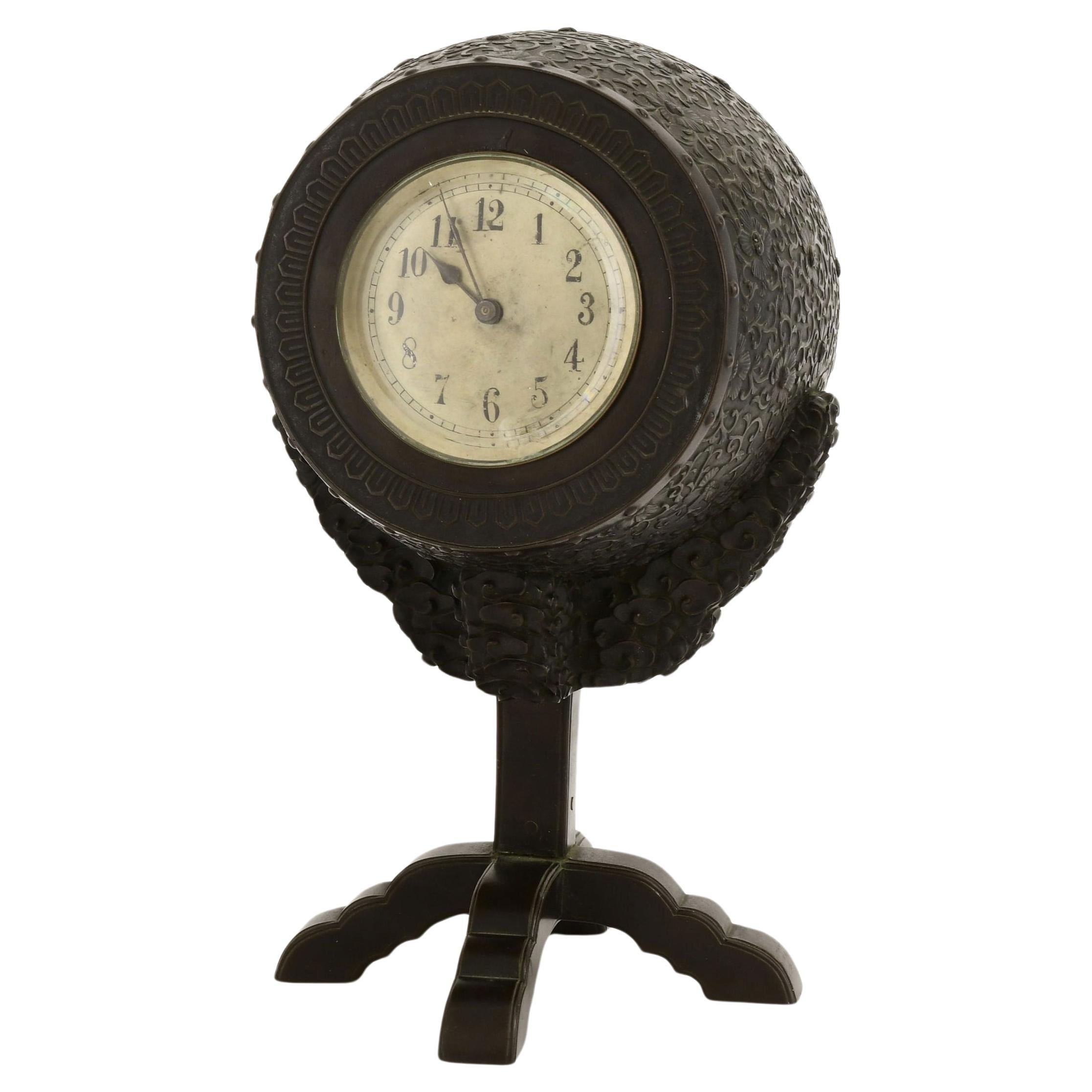 Antique Japanese Bronze Barrel Form Table or Mantel Clock For Sale